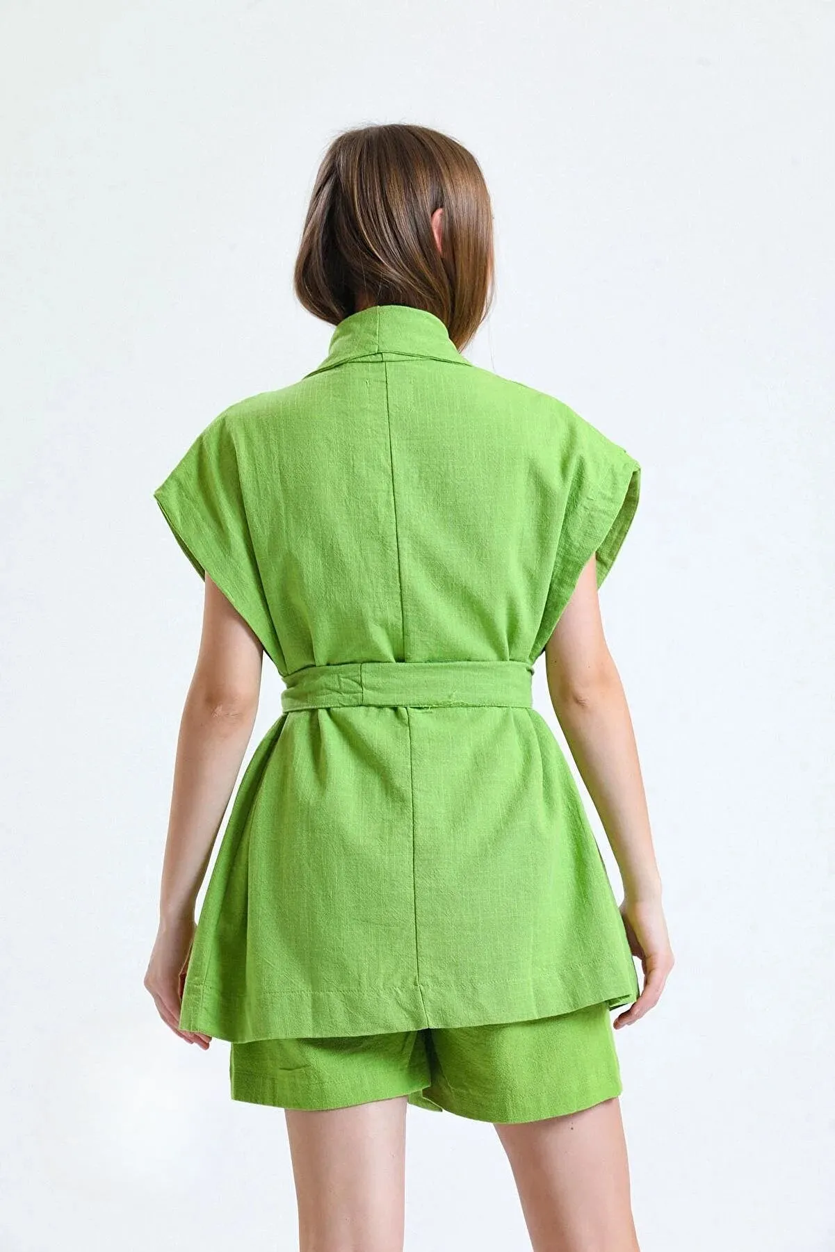 100% Organic Linen Fabric Cover Up with a Belt - Green