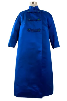 1950s Brilliant Blue Silk Satin Coat w Braided Detailing & a Startling Bright Green Lining