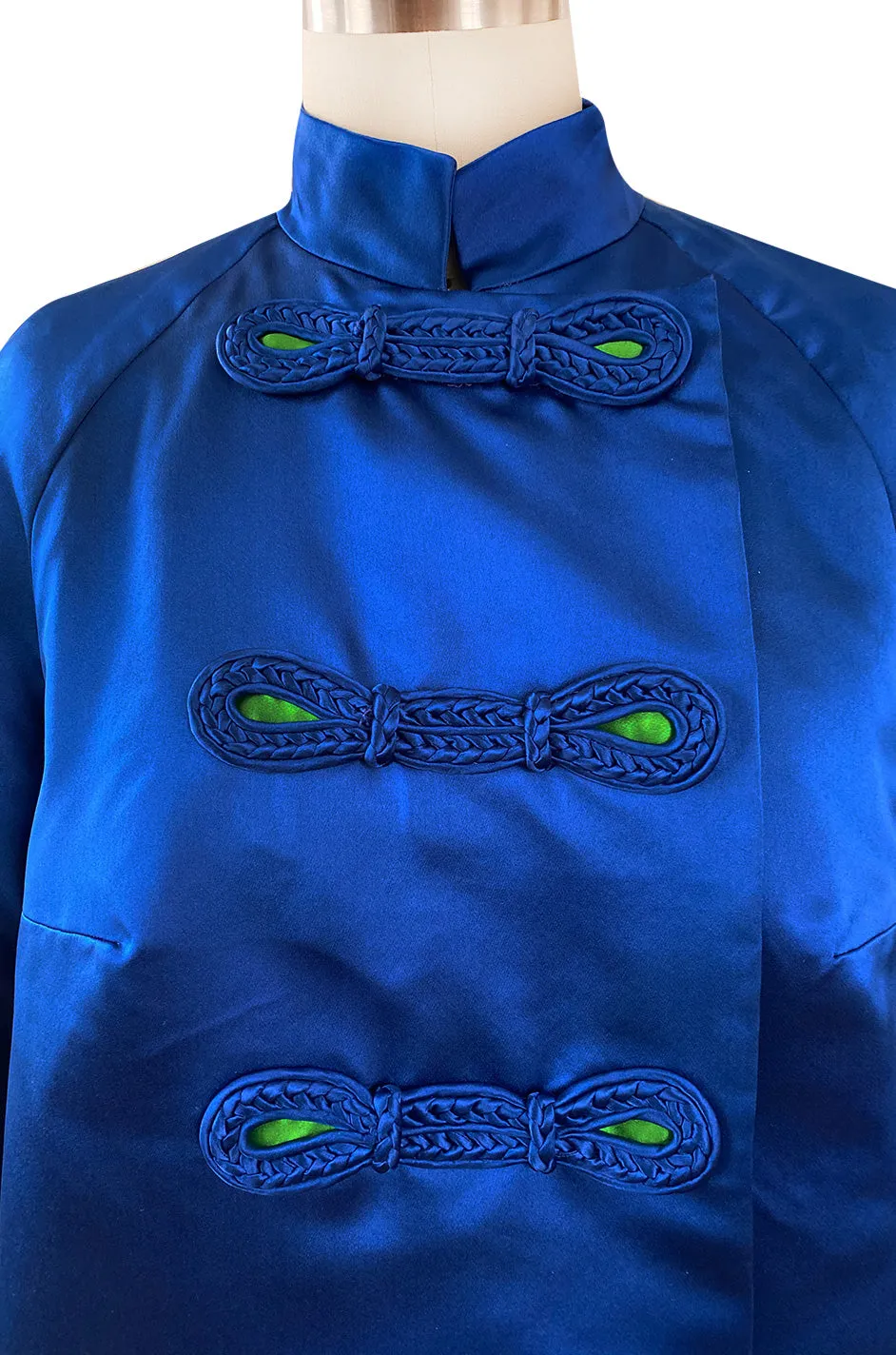 1950s Brilliant Blue Silk Satin Coat w Braided Detailing & a Startling Bright Green Lining