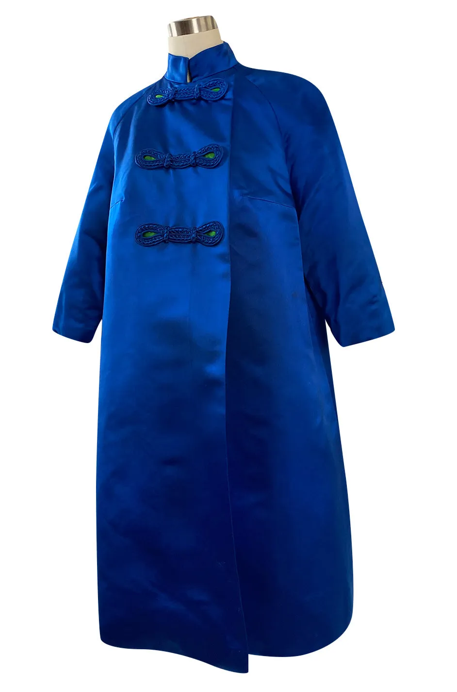 1950s Brilliant Blue Silk Satin Coat w Braided Detailing & a Startling Bright Green Lining