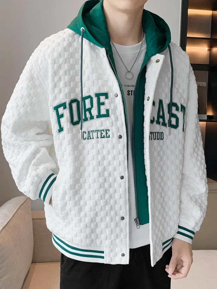 2023 New Spring Men's or Unisex Hooded Varsity Jacket Streetwear Fashion Fake 2 In 1 Single Breasted Casual Windbreaker Loose Letter Coat