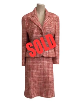 97P, 1997 Spring Vintage Chanel Boutique Orange Plaid Wool Tweed Jacket Blazer Skirt Suit Set US 8/10