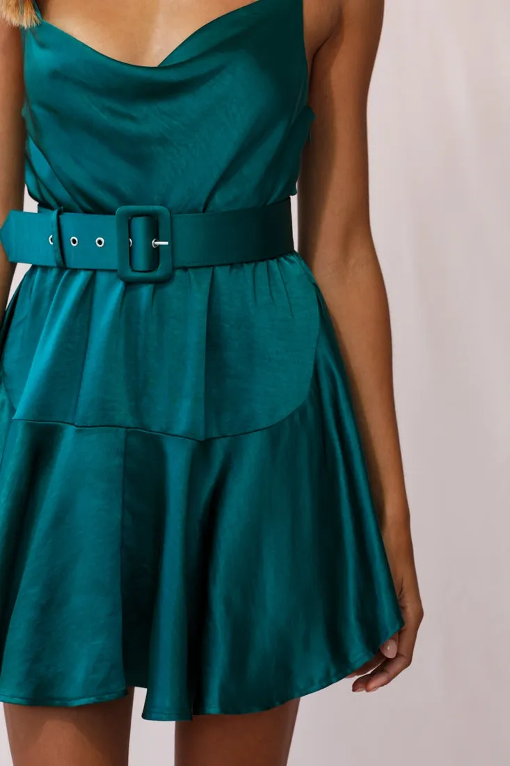 Agent 99 Belted Satin Cowl Neck Dress Forest Green