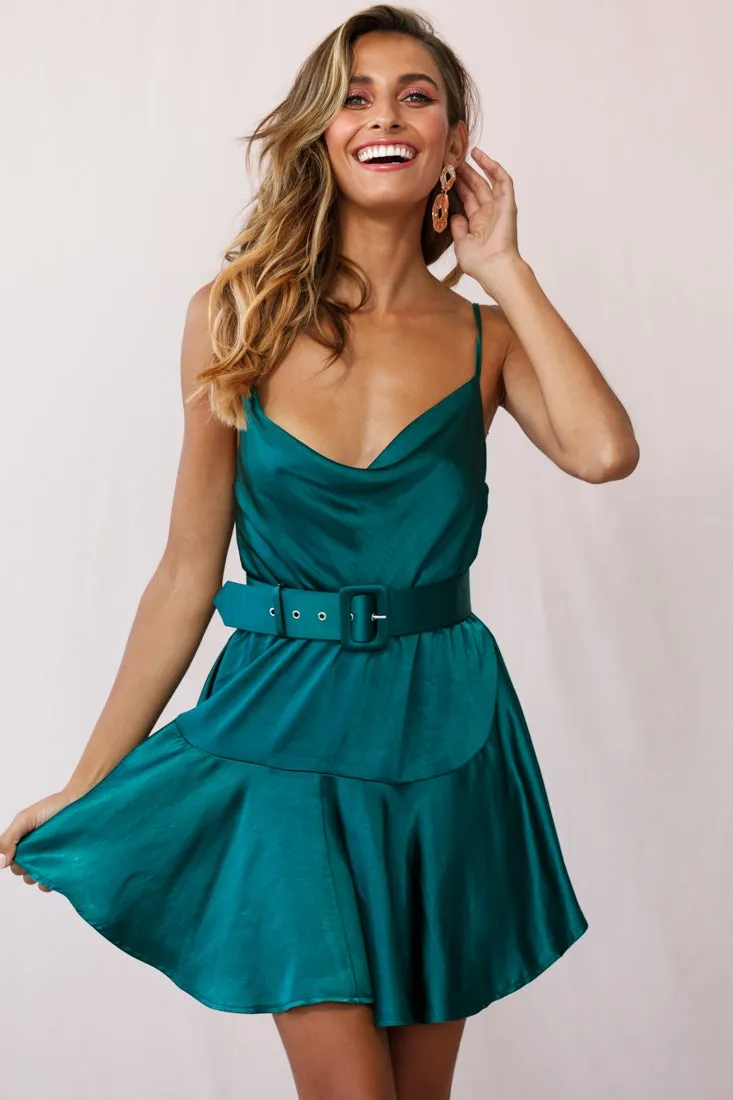 Agent 99 Belted Satin Cowl Neck Dress Forest Green