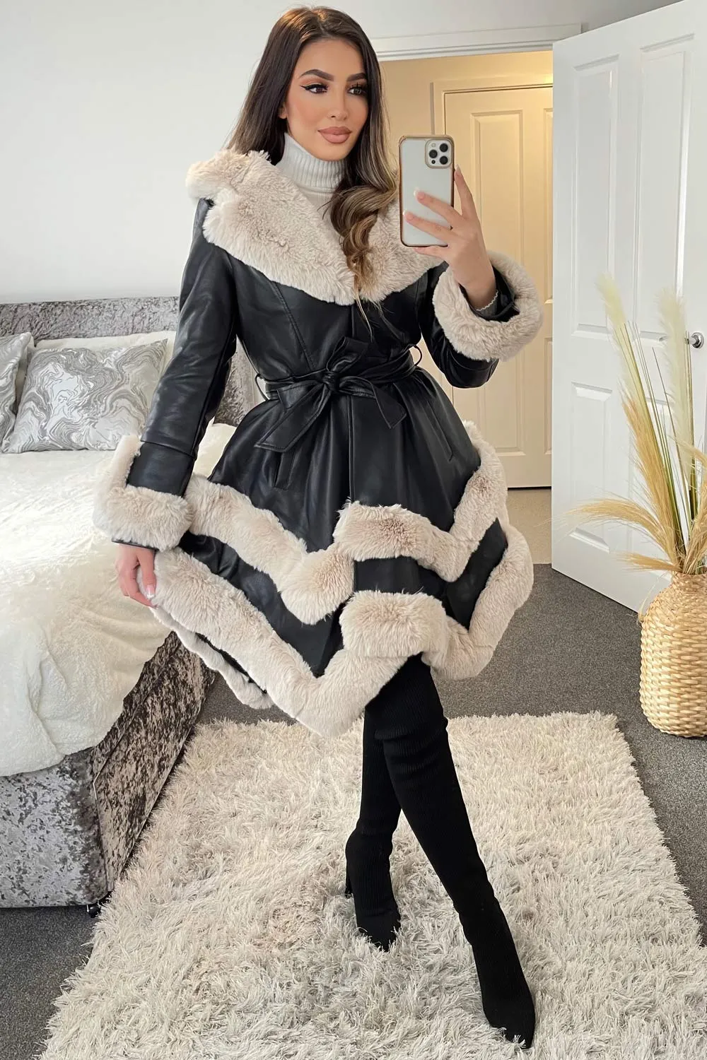 Allana Black and Beige PU Faux Leather Faux Fur Tiered Trim Belted Longline Coat