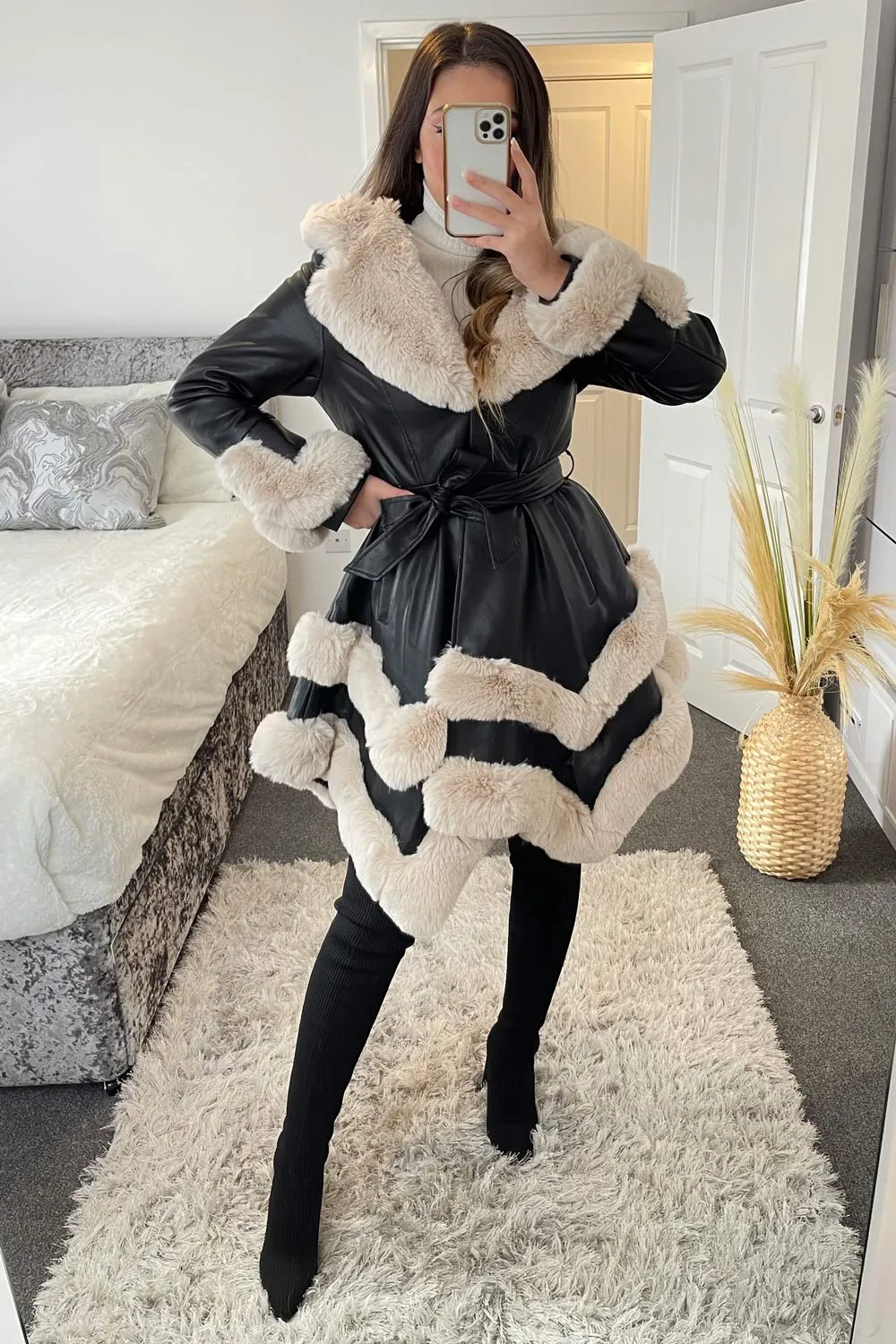 Allana Black and Beige PU Faux Leather Faux Fur Tiered Trim Belted Longline Coat