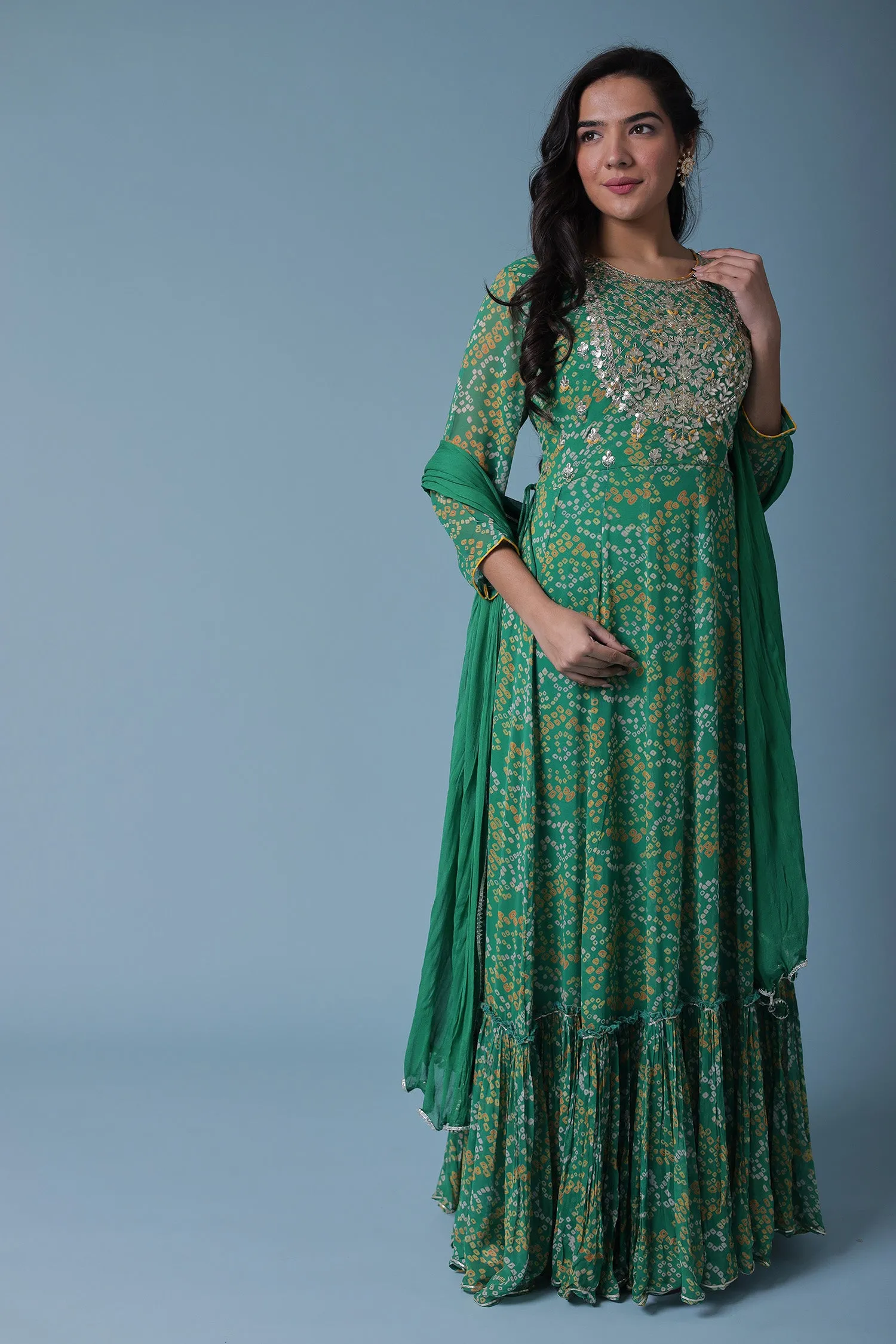 Anarkali Bandhej Georgette Suit with Embroidered work