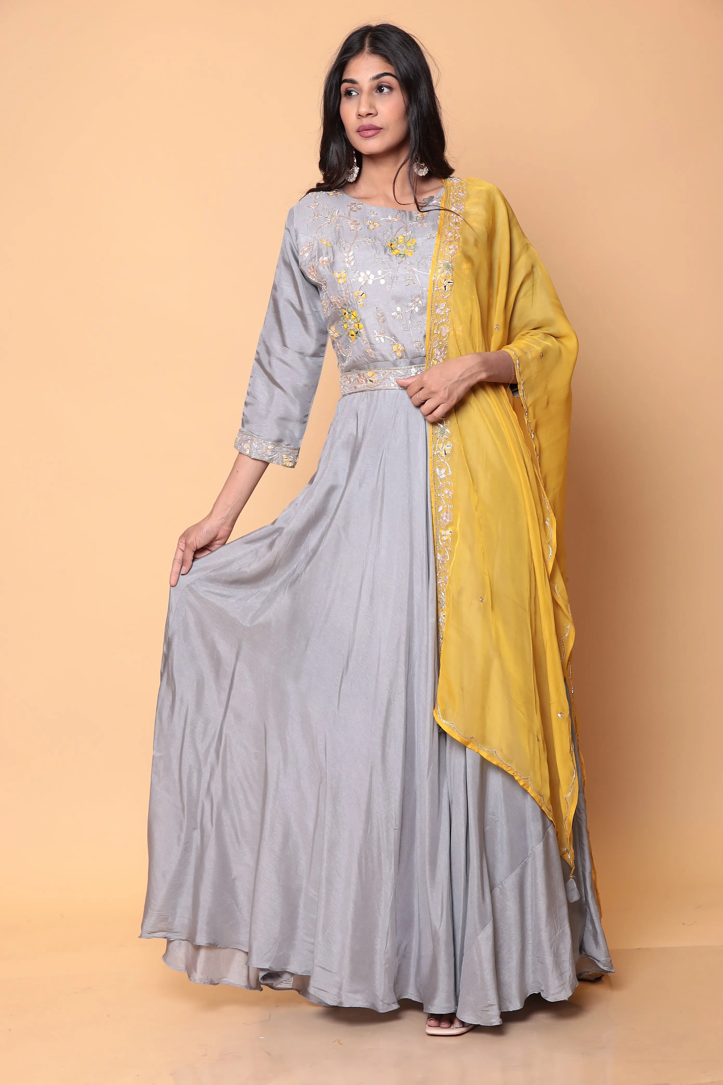 Anarkali Suit with Contrast Duppatta in Zardozi work.