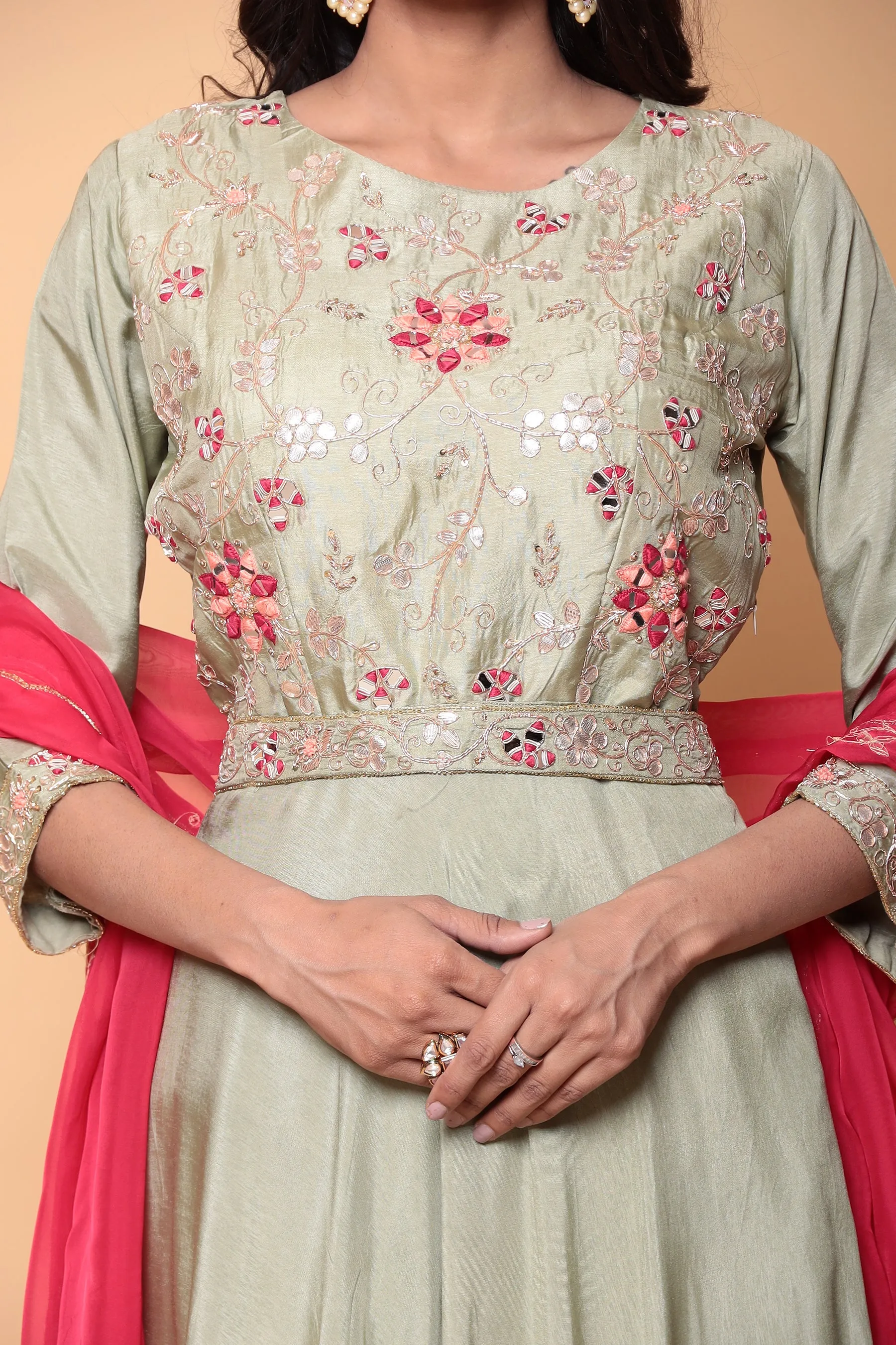 Anarkali Suit with Contrast Duppatta in Zardozi work.