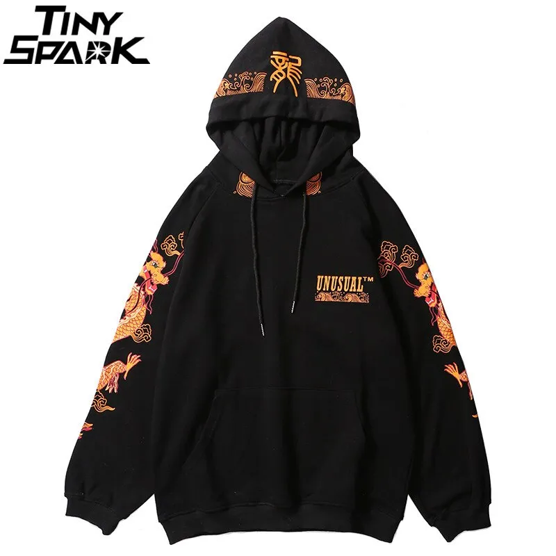 Ancient Chinese Dragon Print Fashion Hoodie Streetwear Mens Hip Hop Hoodie Sweatshirt Casual Black Pullover Cotton Autumn