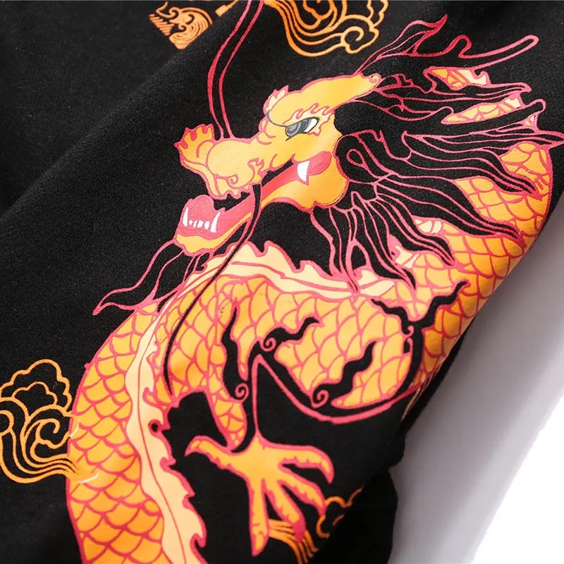 Ancient Chinese Dragon Print Fashion Hoodie Streetwear Mens Hip Hop Hoodie Sweatshirt Casual Black Pullover Cotton Autumn