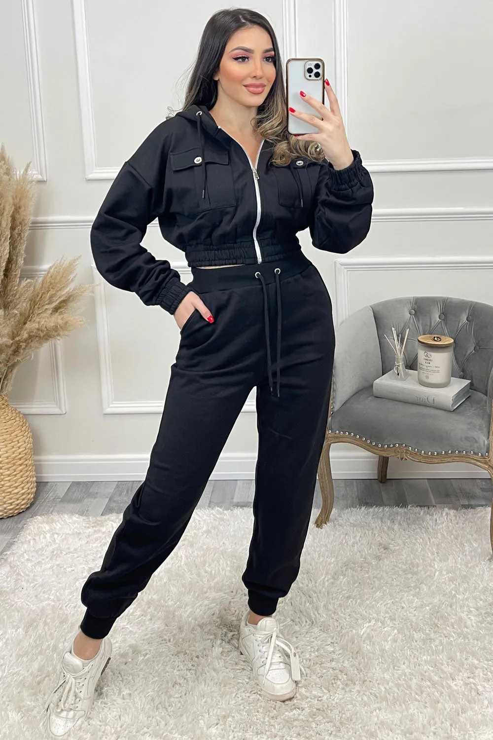 Annabell Black Pocket Cropped Hoodie and Joggers Tracksuit Set