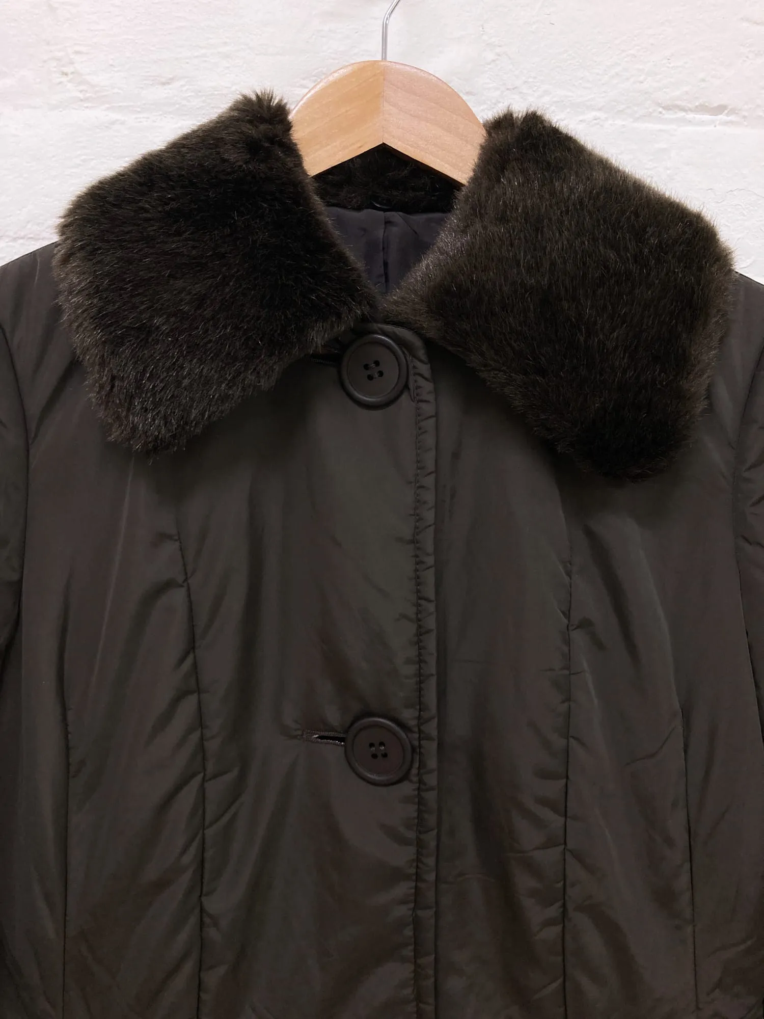 A.T. Atsuro Tayama dark brown nylon coat with detachable faux fur collar