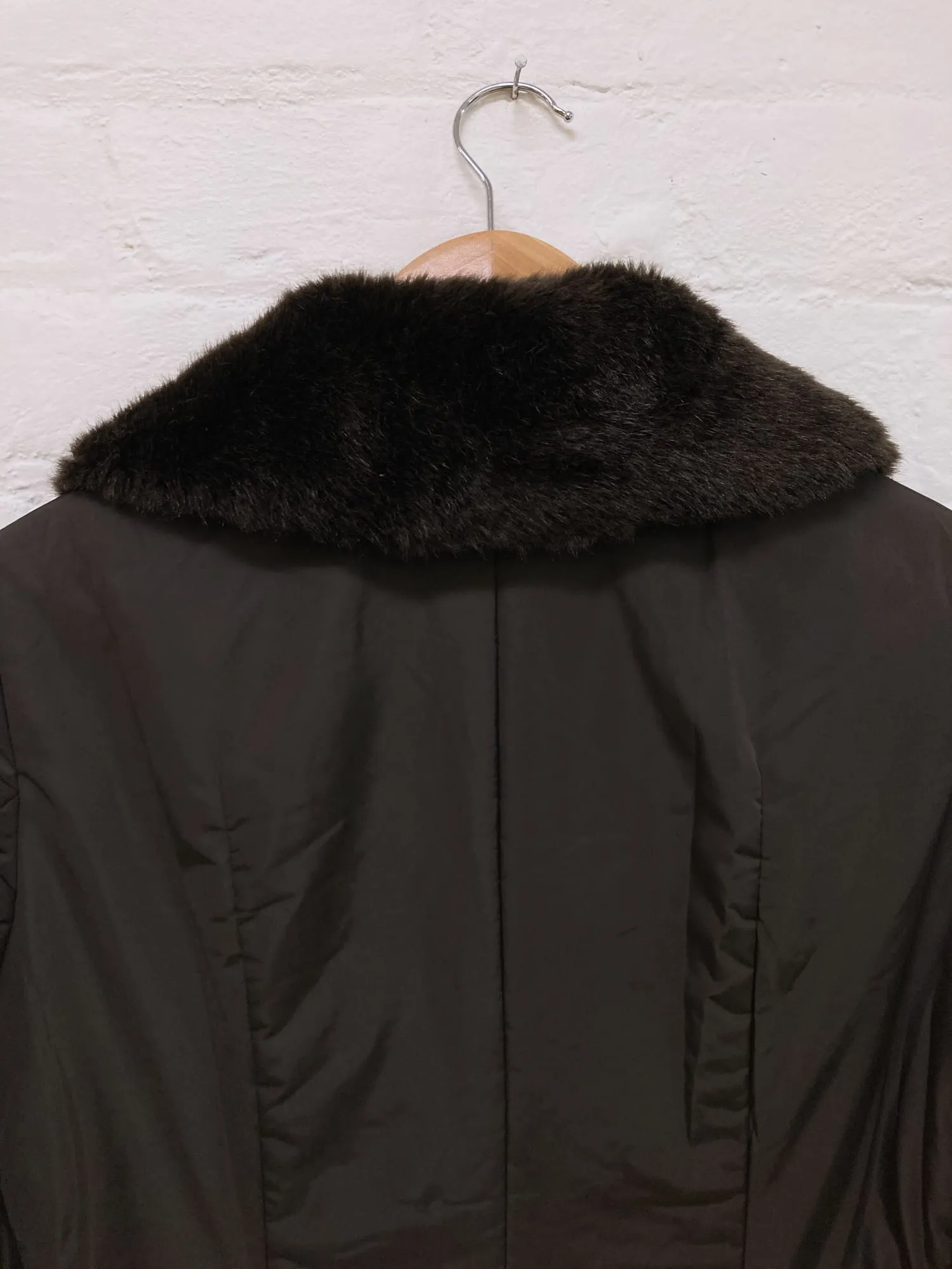 A.T. Atsuro Tayama dark brown nylon coat with detachable faux fur collar