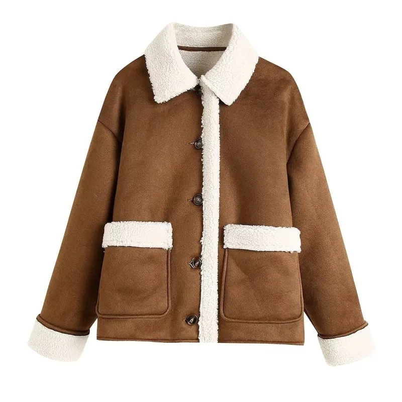 Autumn Winter Women Single Breasted Stickers Pocket Decoration Fleece Warm Double Sided Jacket Coat