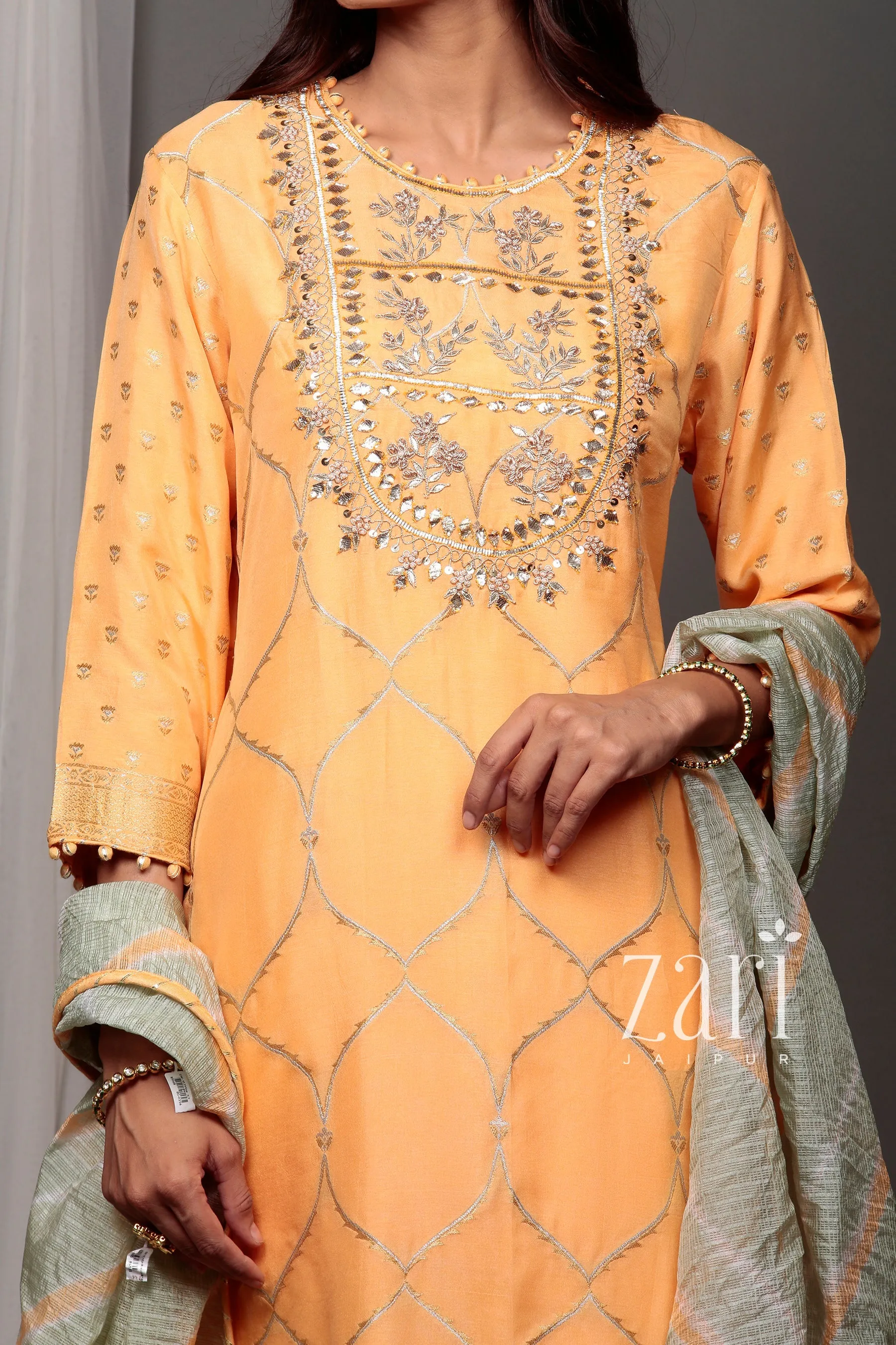 Banarsi Leheriya Banarasi brocade  Suit with Gota, Gota Patti, Pearl, Sequins, Zardozi work.