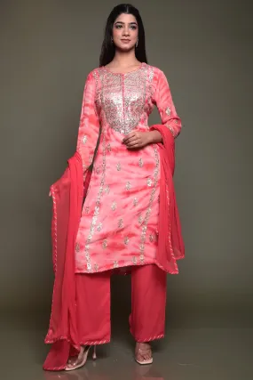 Bandhej Chinon silk Suit with Aari, Gota Patti, Thread work.