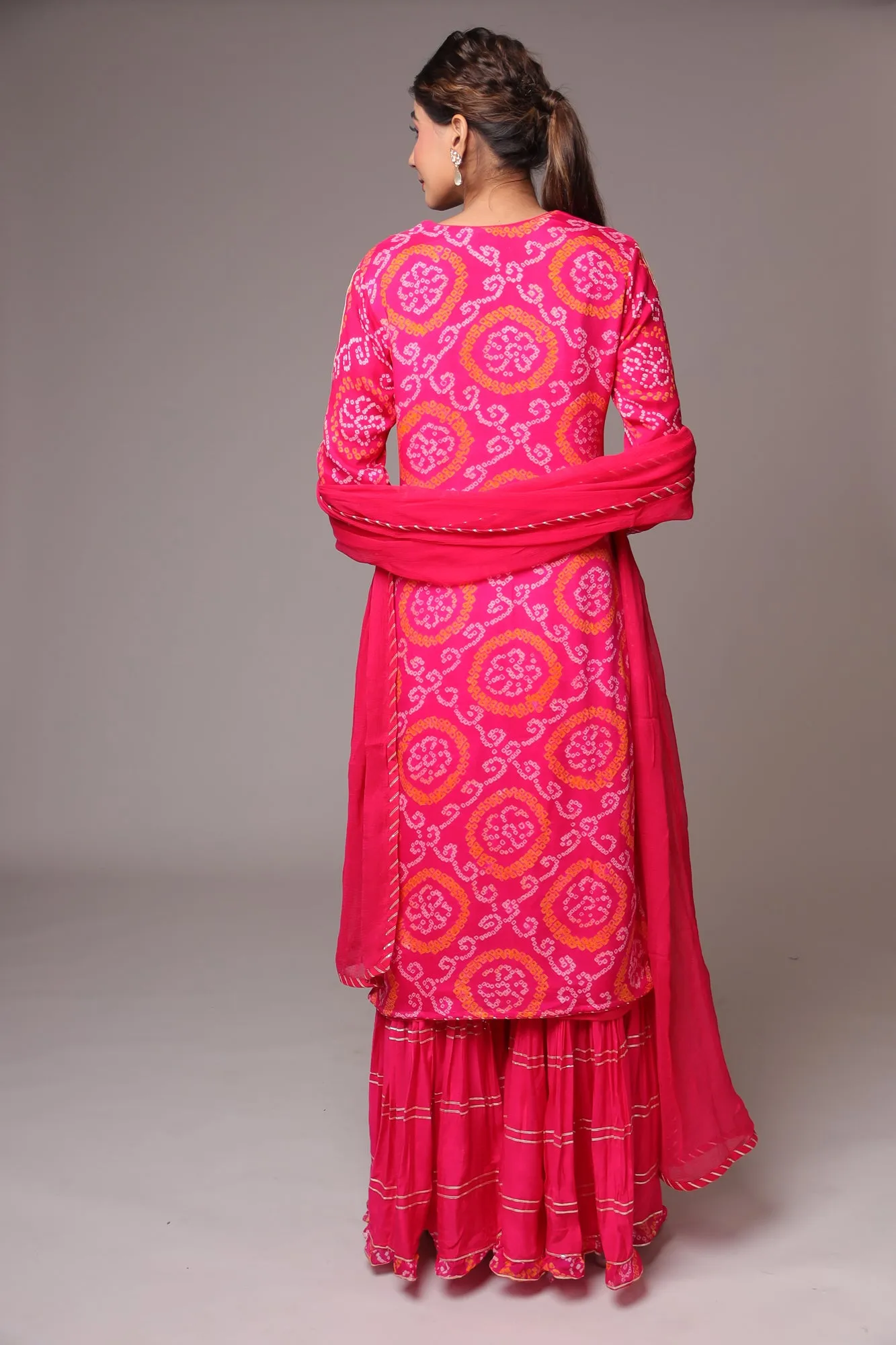 Bandhej Chinon Straight Cut Sharara Suit with Gota Patti work.