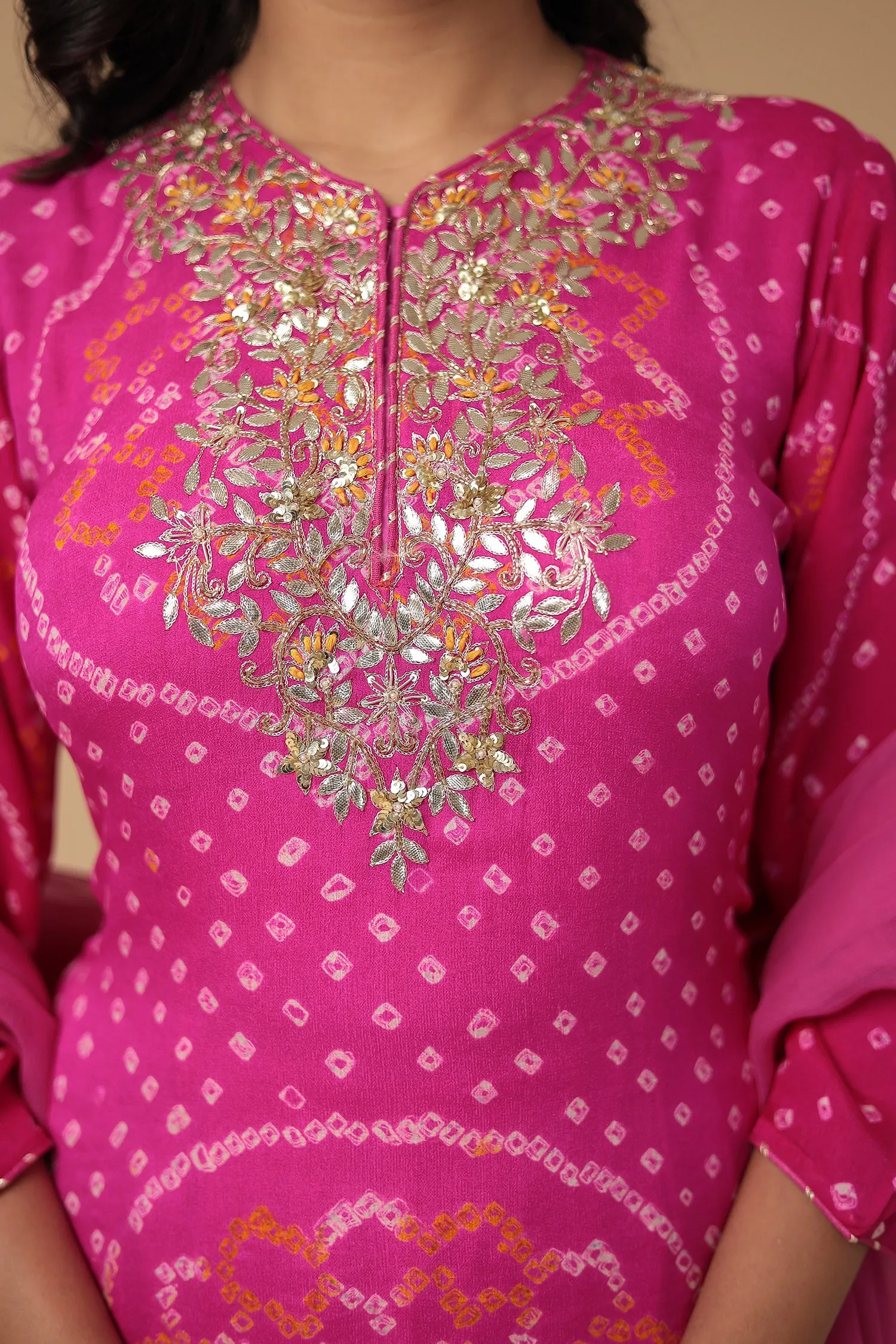 Bandhej Georgette Suit Embroidered with Gota Patti work