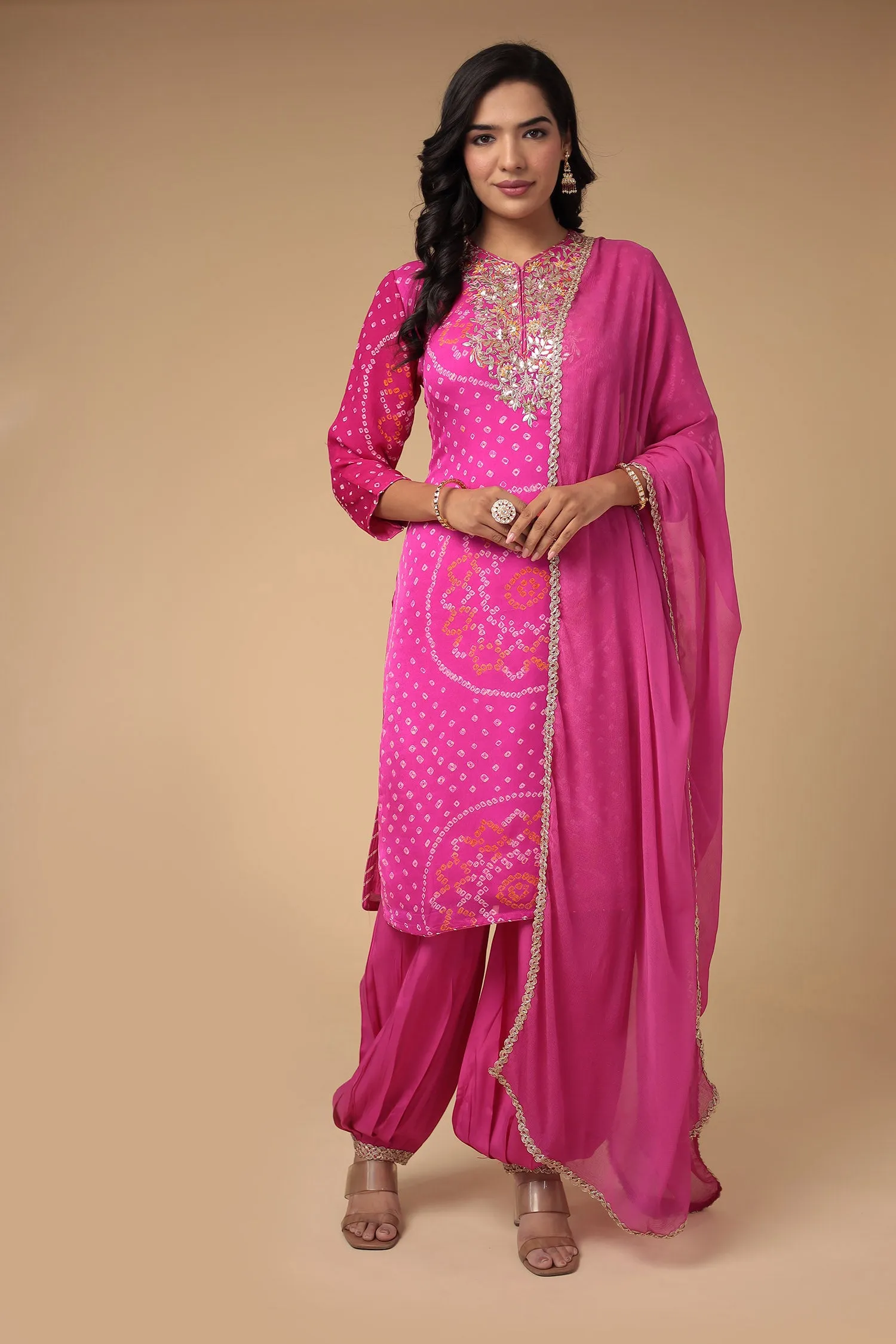 Bandhej Georgette Suit Embroidered with Gota Patti work