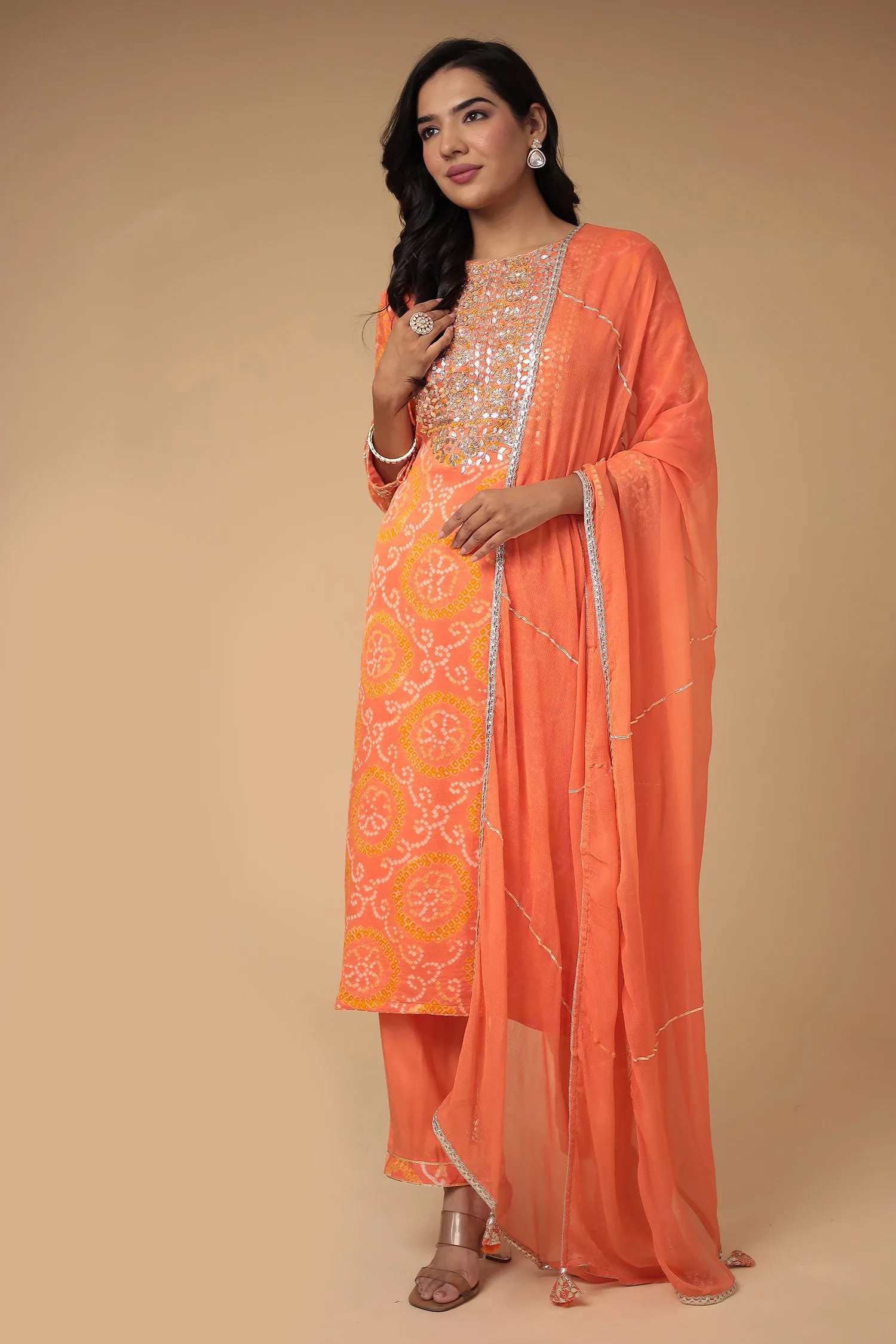 Bandhej Georgette Suit with Gota Patti and Thread work.