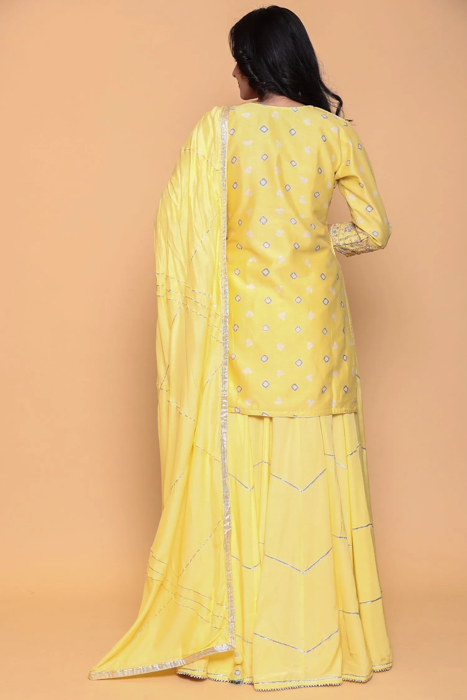 Bandhej Gota Patti Cotton Silk Suit with Gota Border.