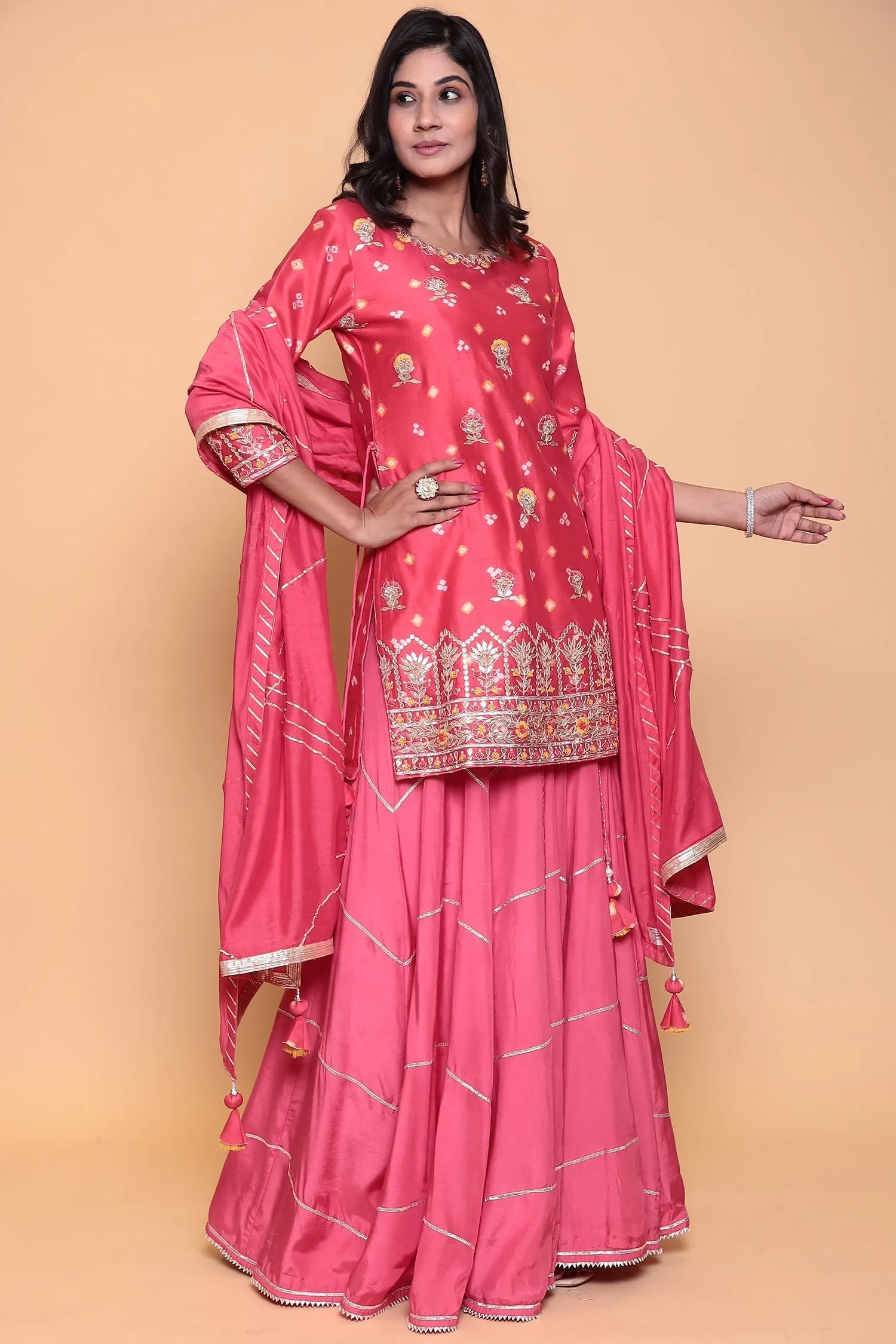 Bandhej Gota Patti Cotton Silk Suit with Gota Border.