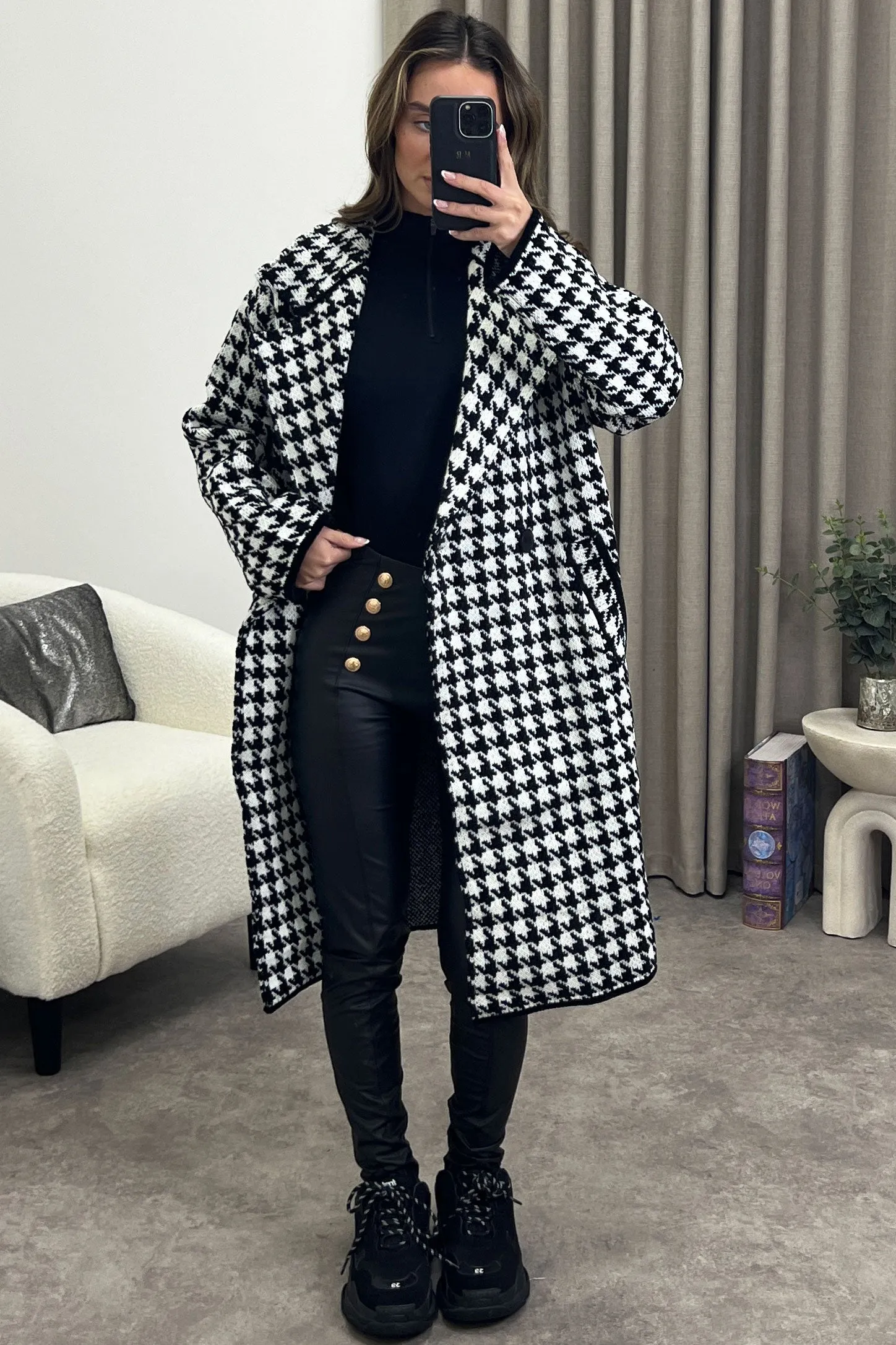 Beatrice Black and White Houndstooth Print Button Up Longline Knit Coat