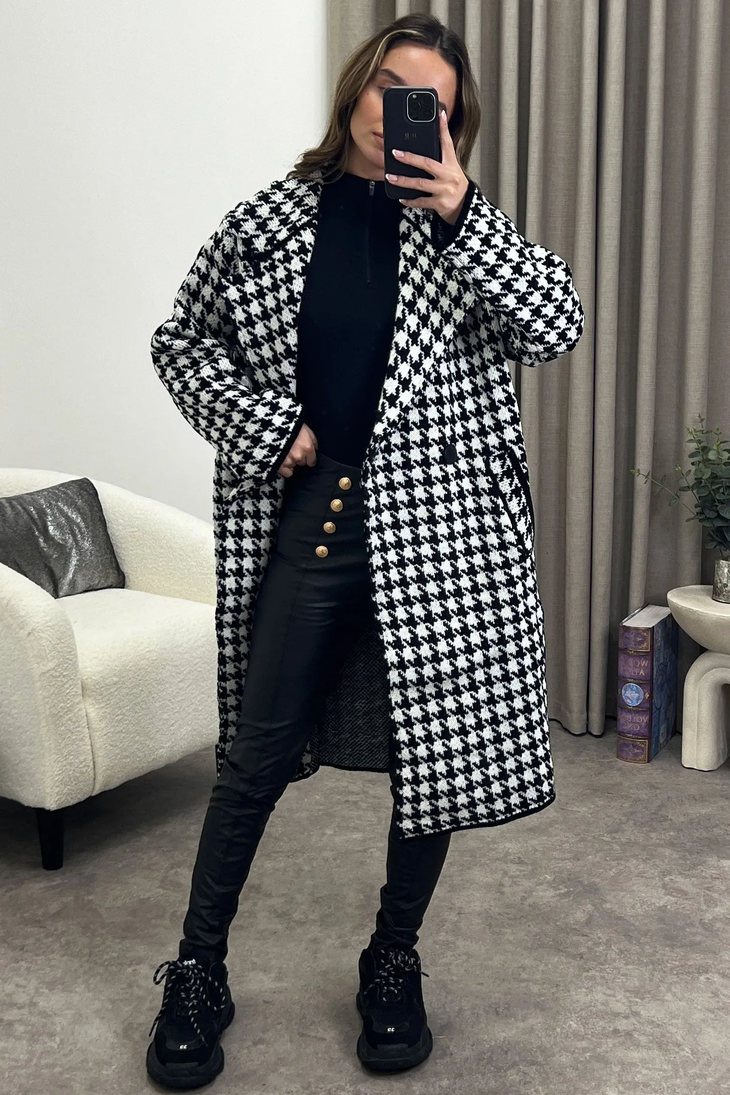 Beatrice Black and White Houndstooth Print Button Up Longline Knit Coat