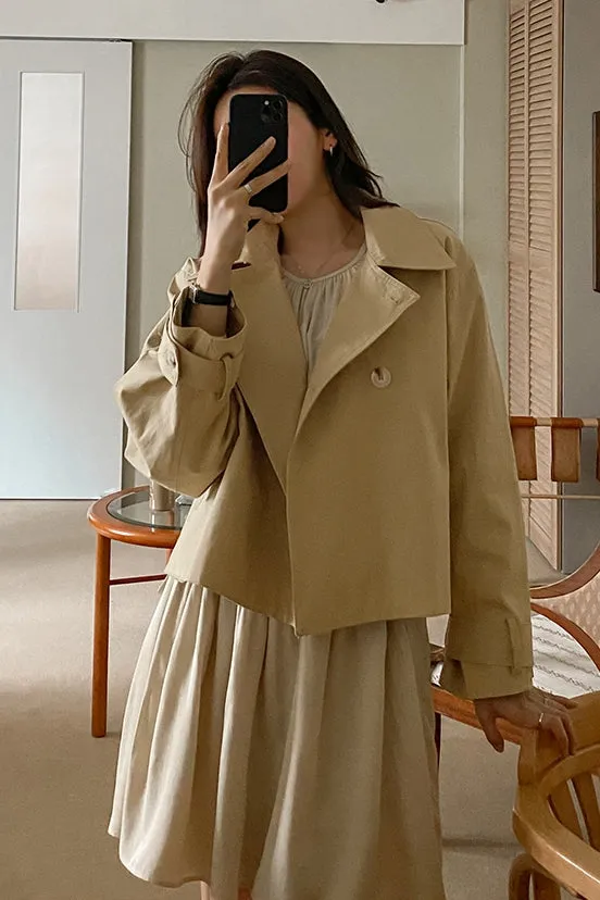 Beige Short Cropped Classic Double Breasted Trench Coats For Womens 100% Cotton Korean Clothing Clothes Outerwear Loose Fitted Spring Autumn