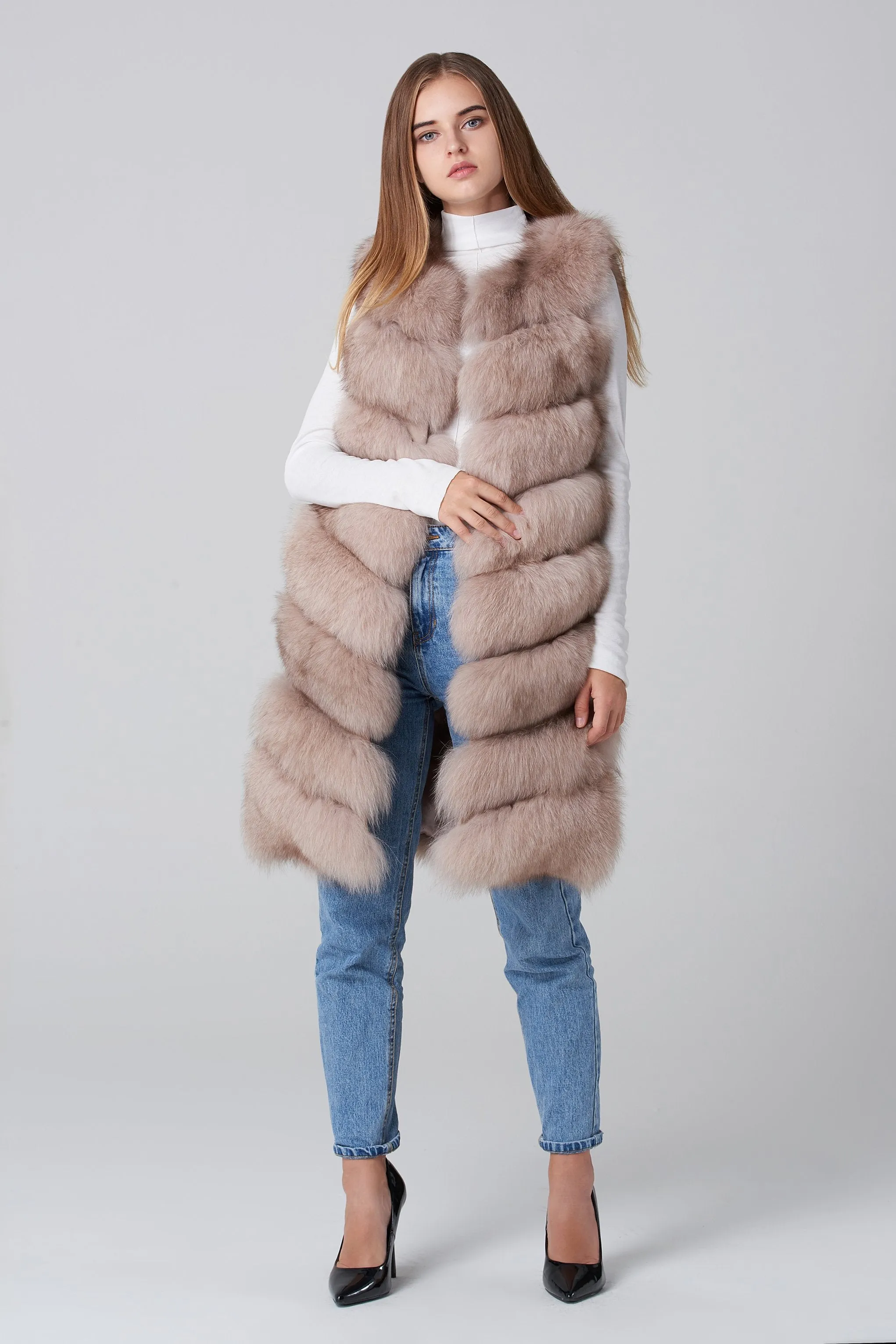 Beige Square Knee Length Fox Fur Coat