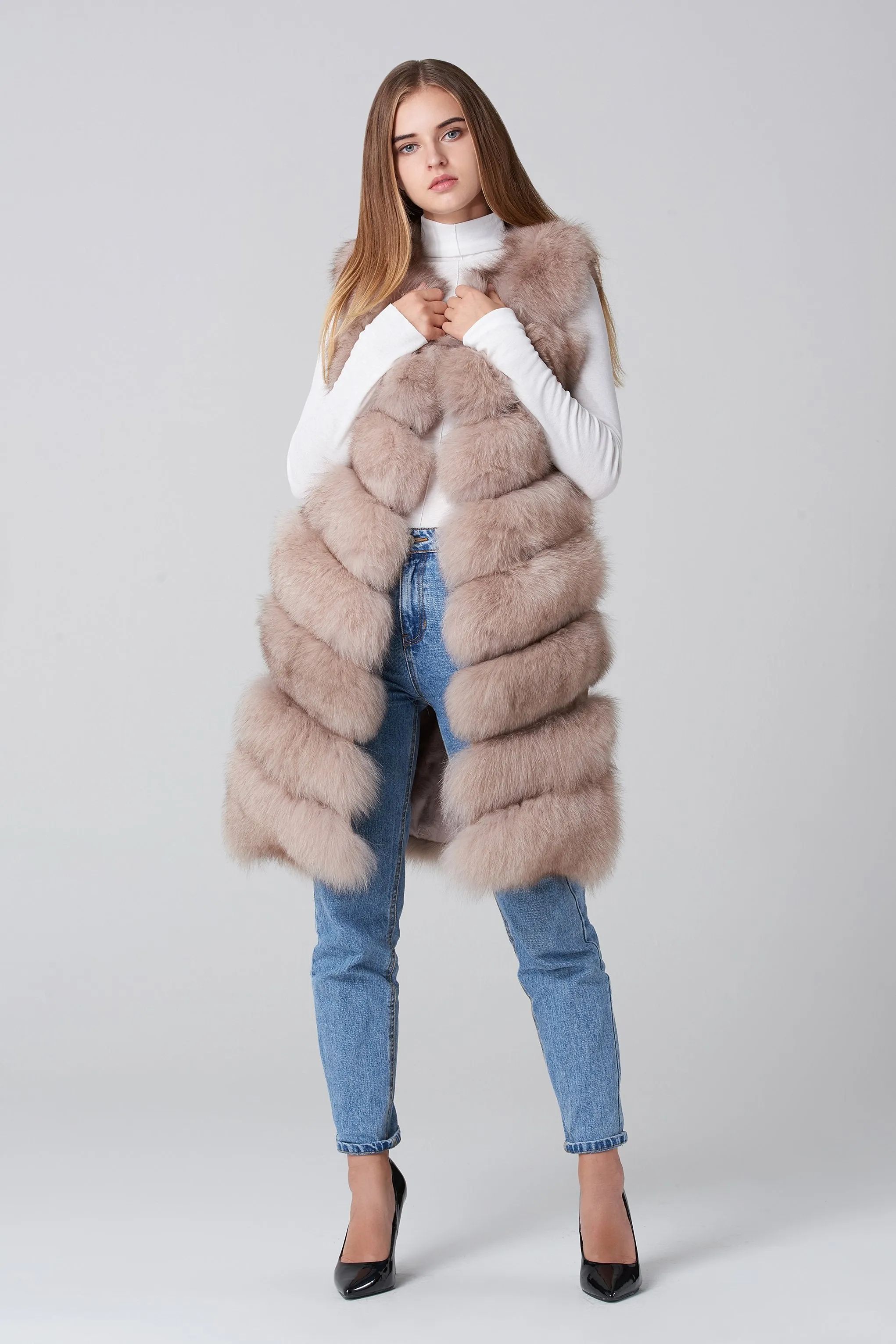 Beige Square Knee Length Fox Fur Coat