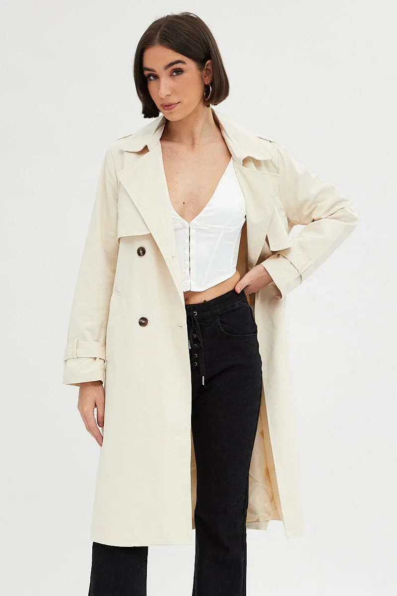 Beige Trench Coat Long Sleeves Cotton