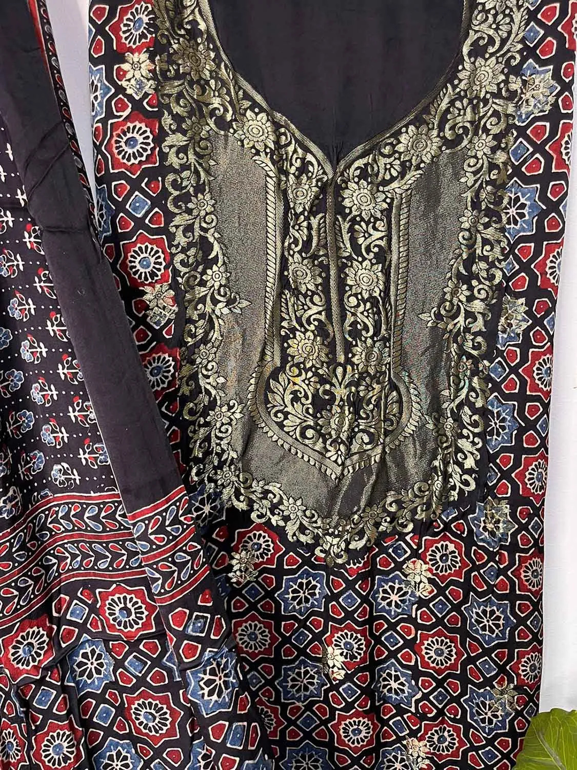 Black Ajrakh Block Printed Pure Modal Silk Unstitched Two Piece Suit Set