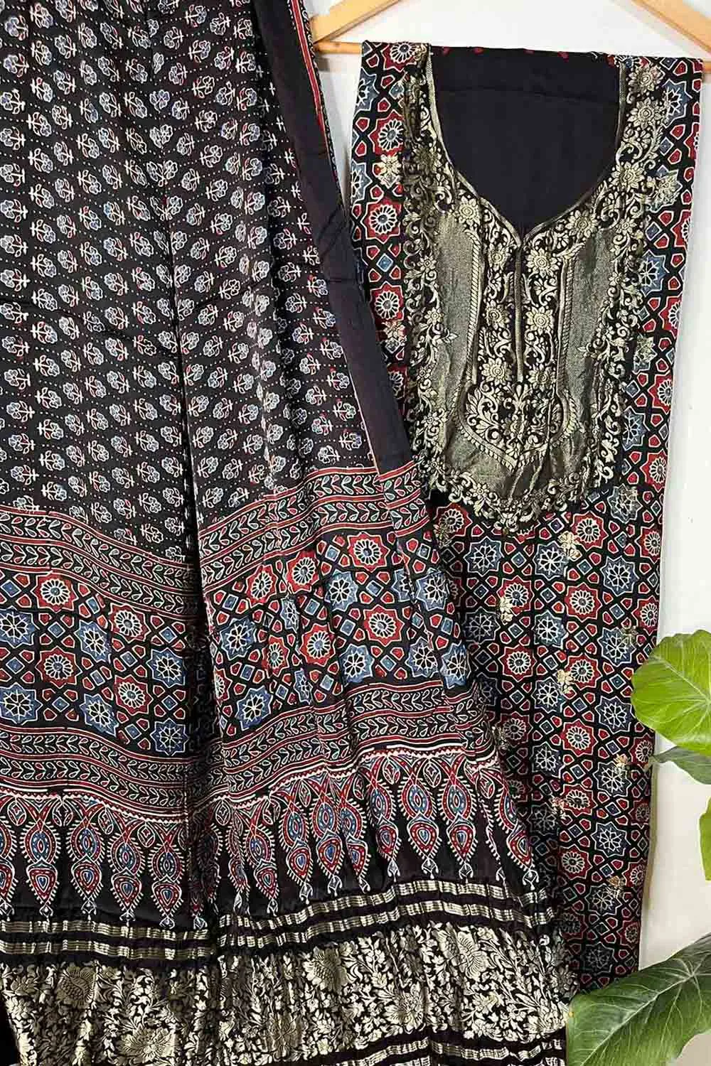 Black Ajrakh Block Printed Pure Modal Silk Unstitched Two Piece Suit Set