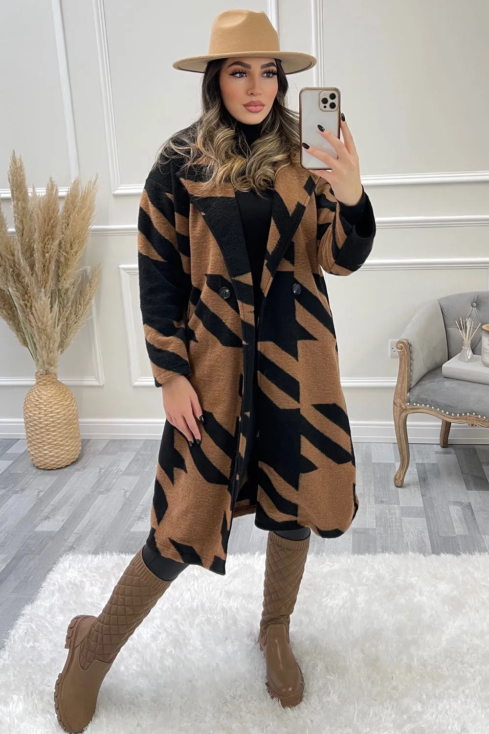 Black and Camel Dogtooth Knitted Longline Coat