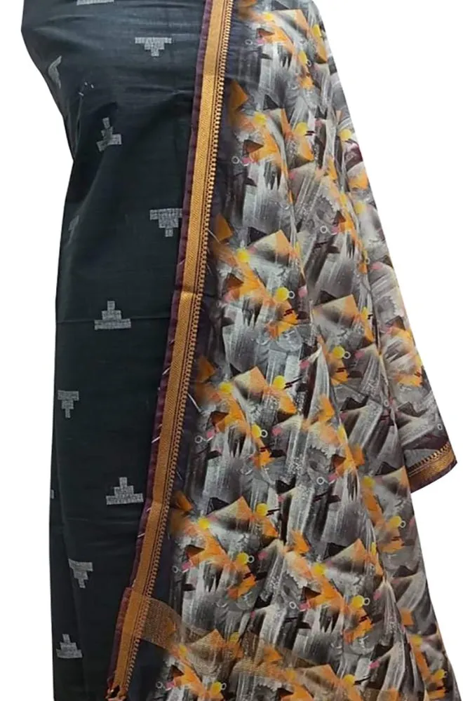 Black Bhagalpur Linen Two Piece Unstitched Suit Set With Digital Printed Dupatta