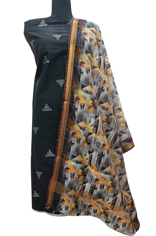 Black Bhagalpur Linen Two Piece Unstitched Suit Set With Digital Printed Dupatta