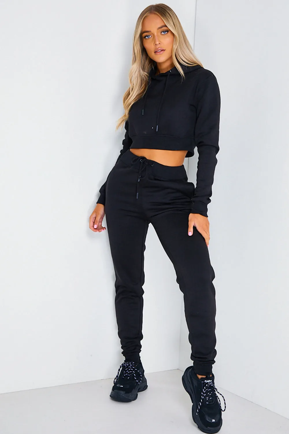 Black Cropped Hoodie and Joggers Tracksuit Set