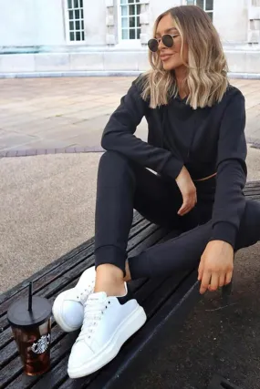 Black Cropped Hoodie and Joggers Tracksuit Set