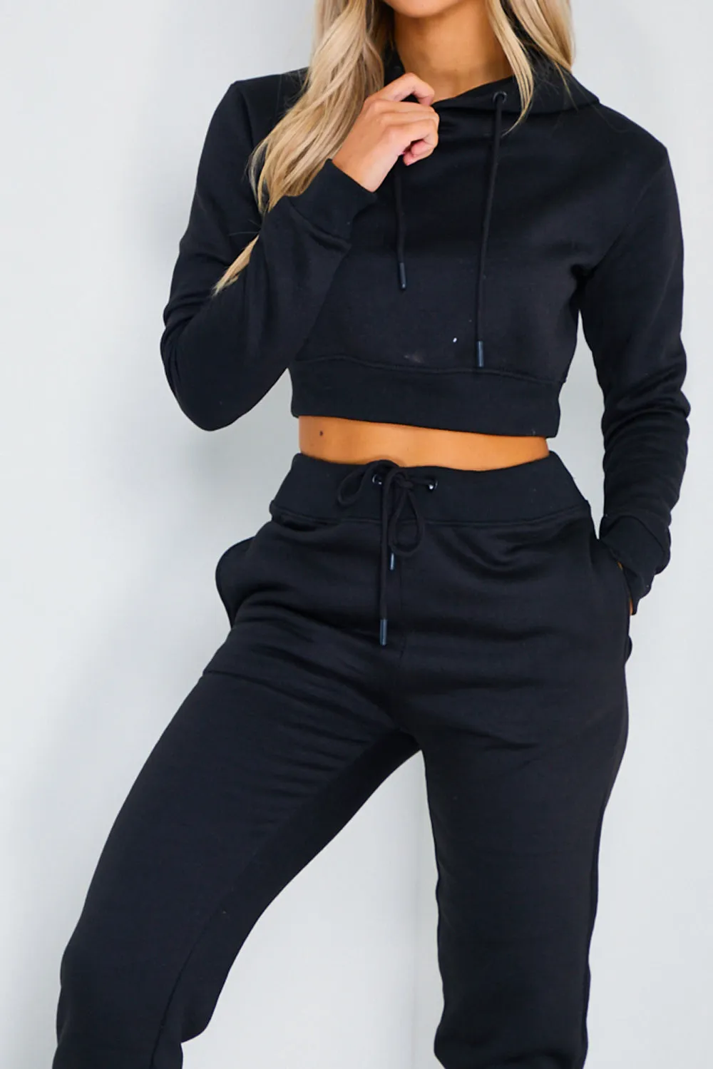 Black Cropped Hoodie and Joggers Tracksuit Set