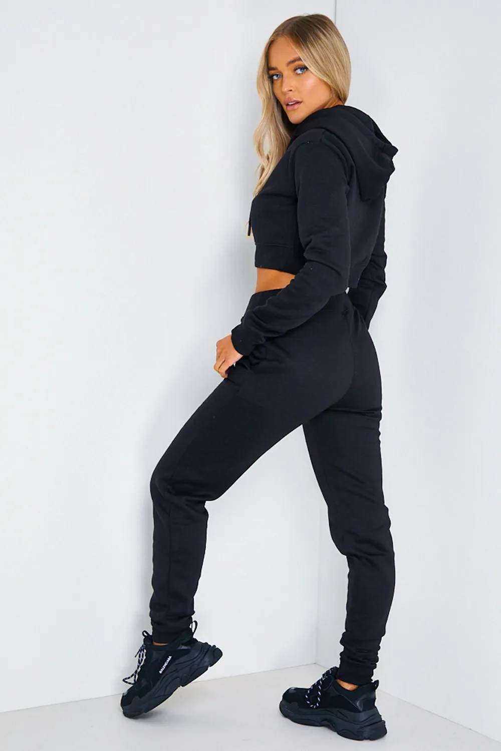 Black Cropped Hoodie and Joggers Tracksuit Set