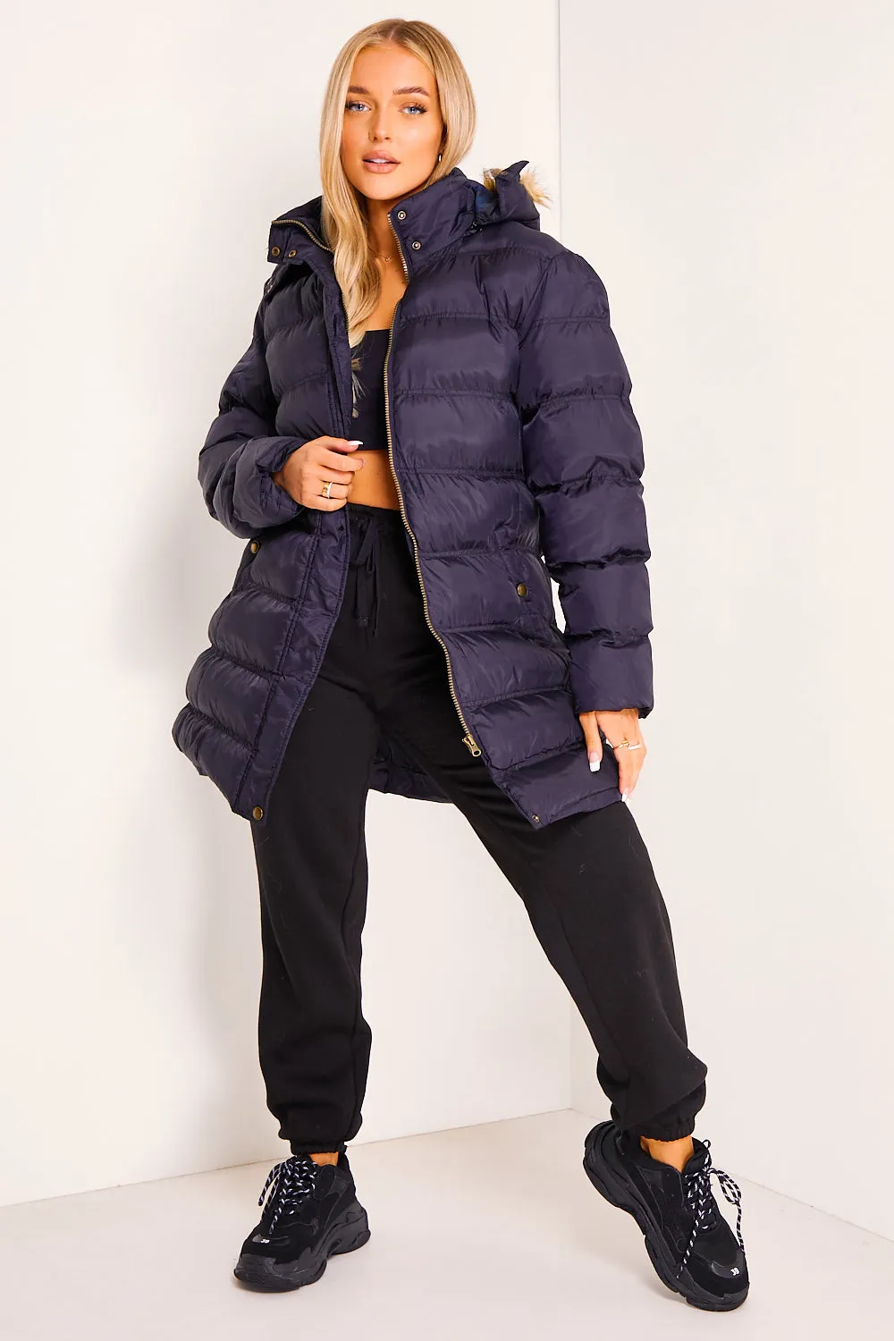 Black Faux Fur Hood Longline Puffer Coat