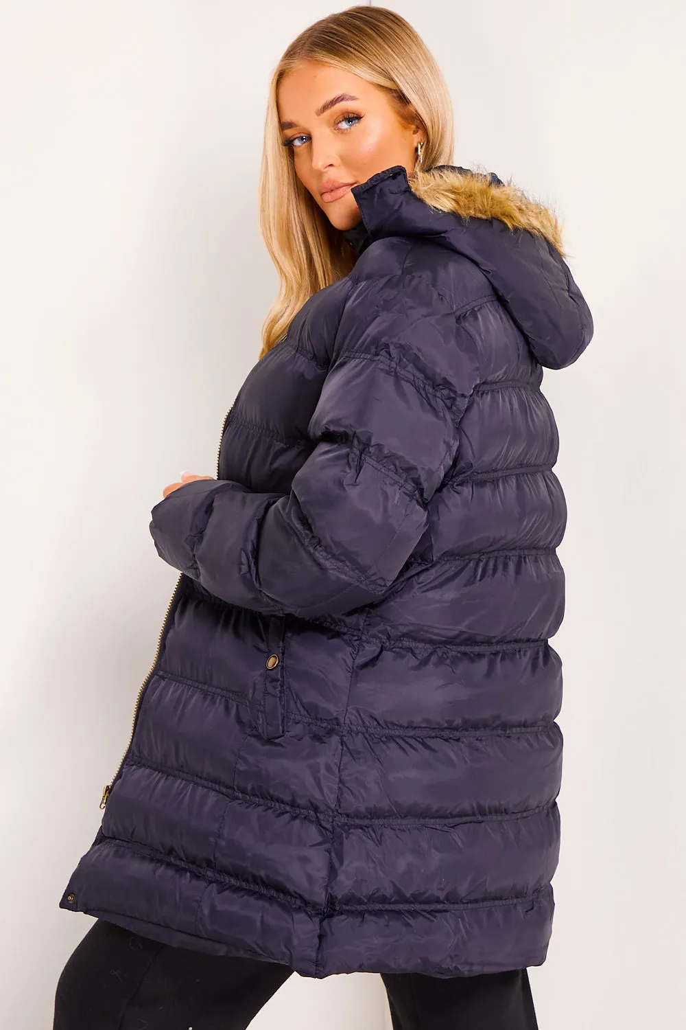 Black Faux Fur Hood Longline Puffer Coat