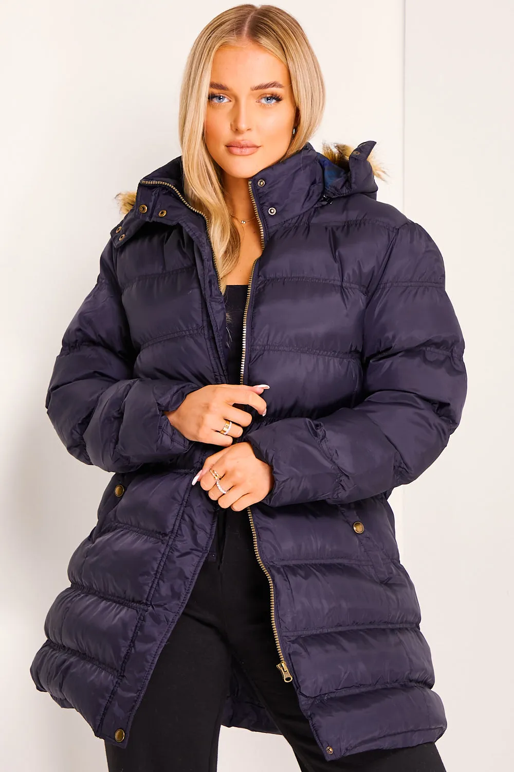 Black Faux Fur Hood Longline Puffer Coat