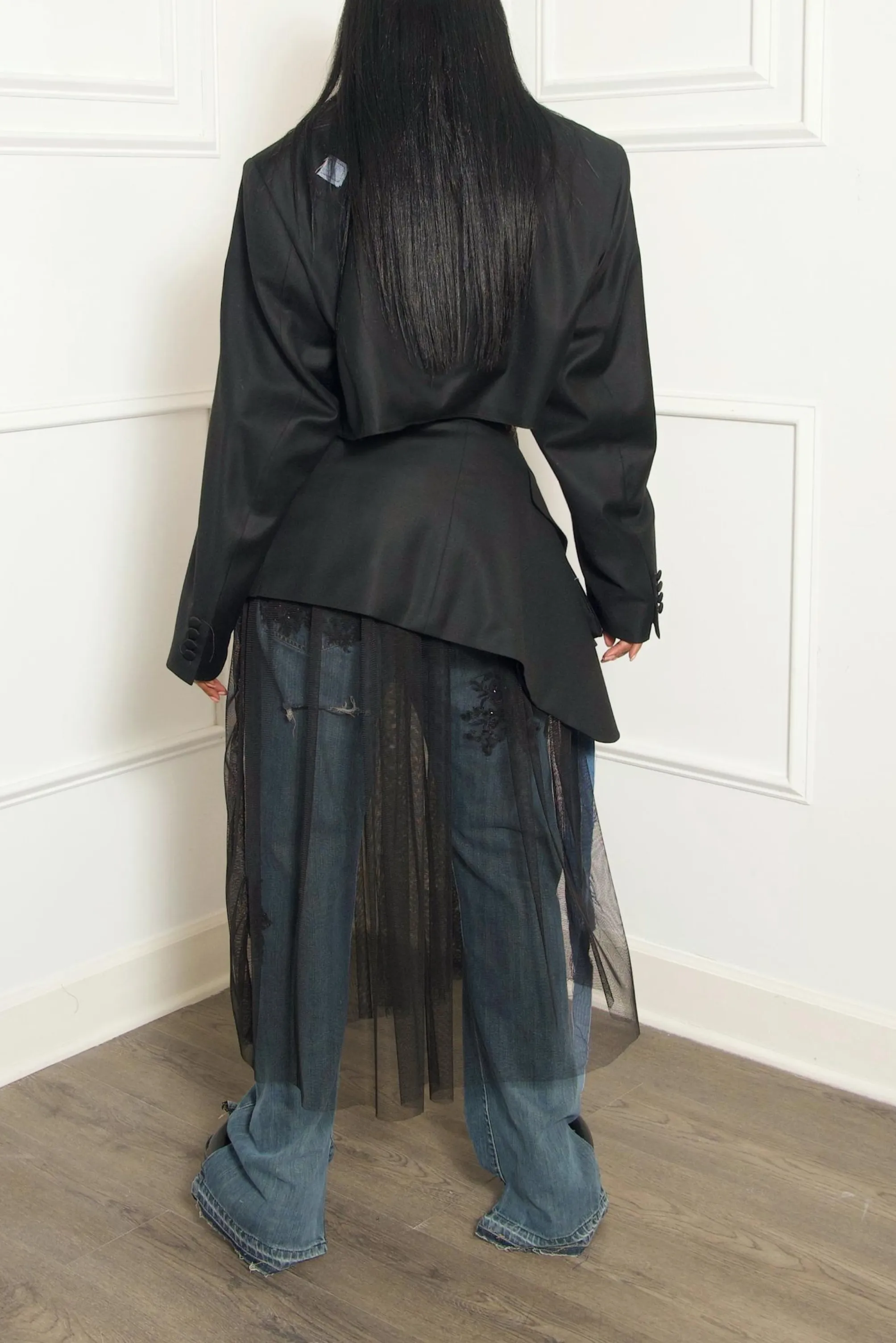 Black Silk Vintage Two piece suit Denim fringe (L)