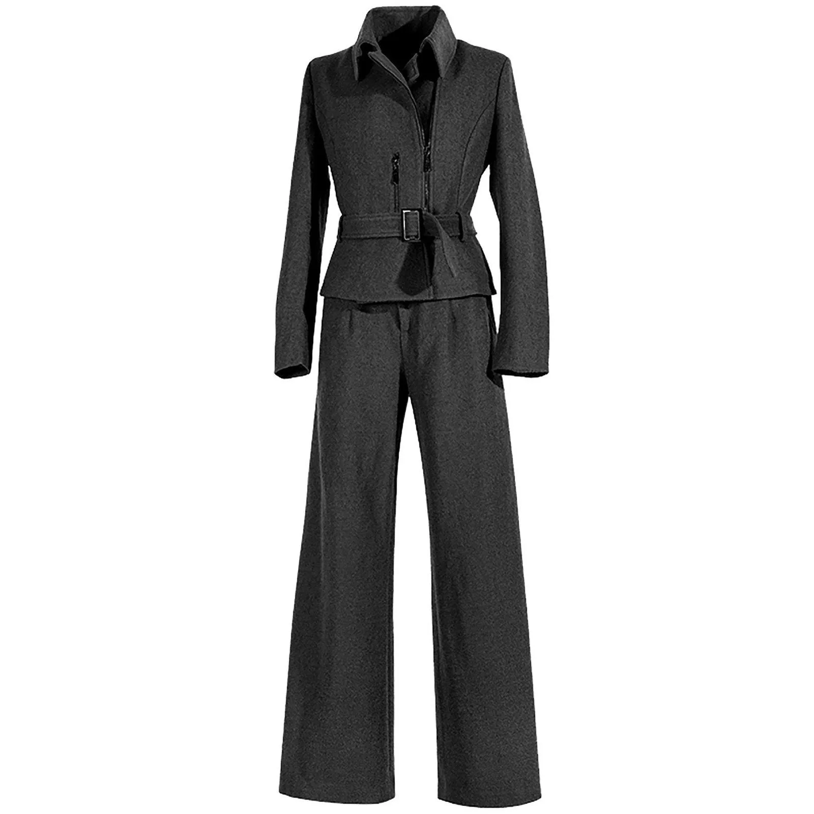 Black Wool Blend Belted Jacket & Wide Leg Pants Two-Piece Set