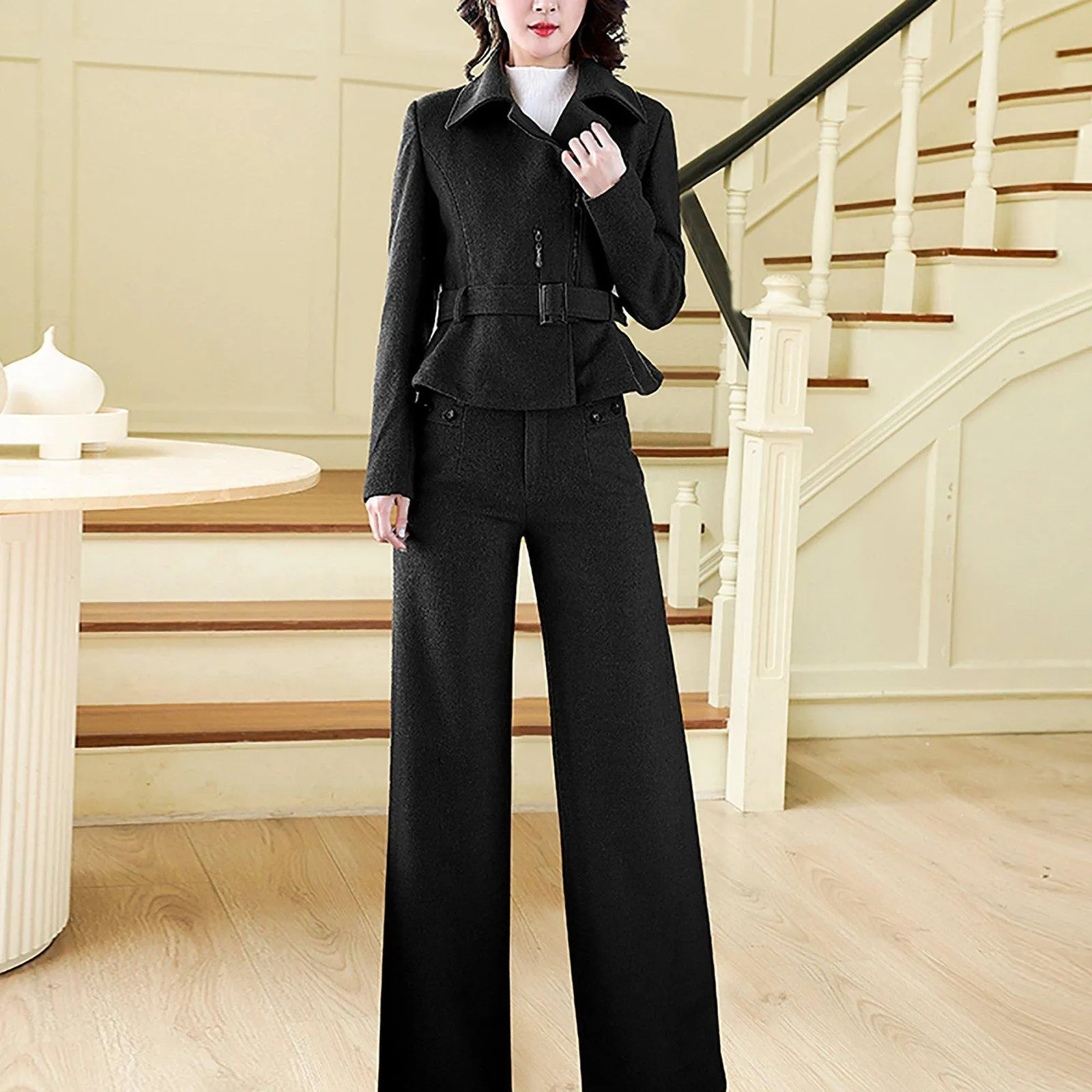 Black Wool Blend Belted Jacket & Wide Leg Pants Two-Piece Set