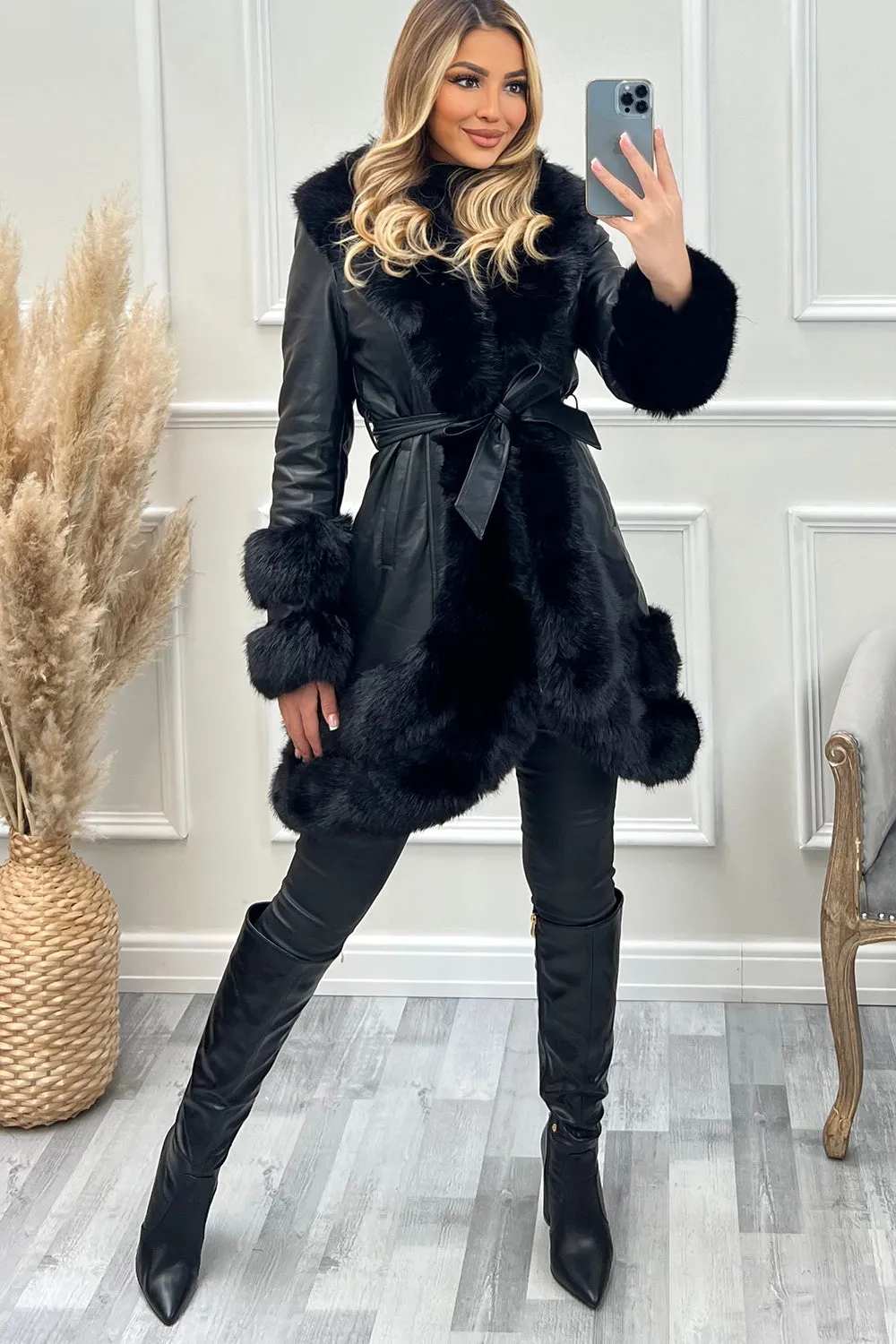 Blake Black PU Faux Leather Faux Fur Tiered Zip Belted Longline Coat