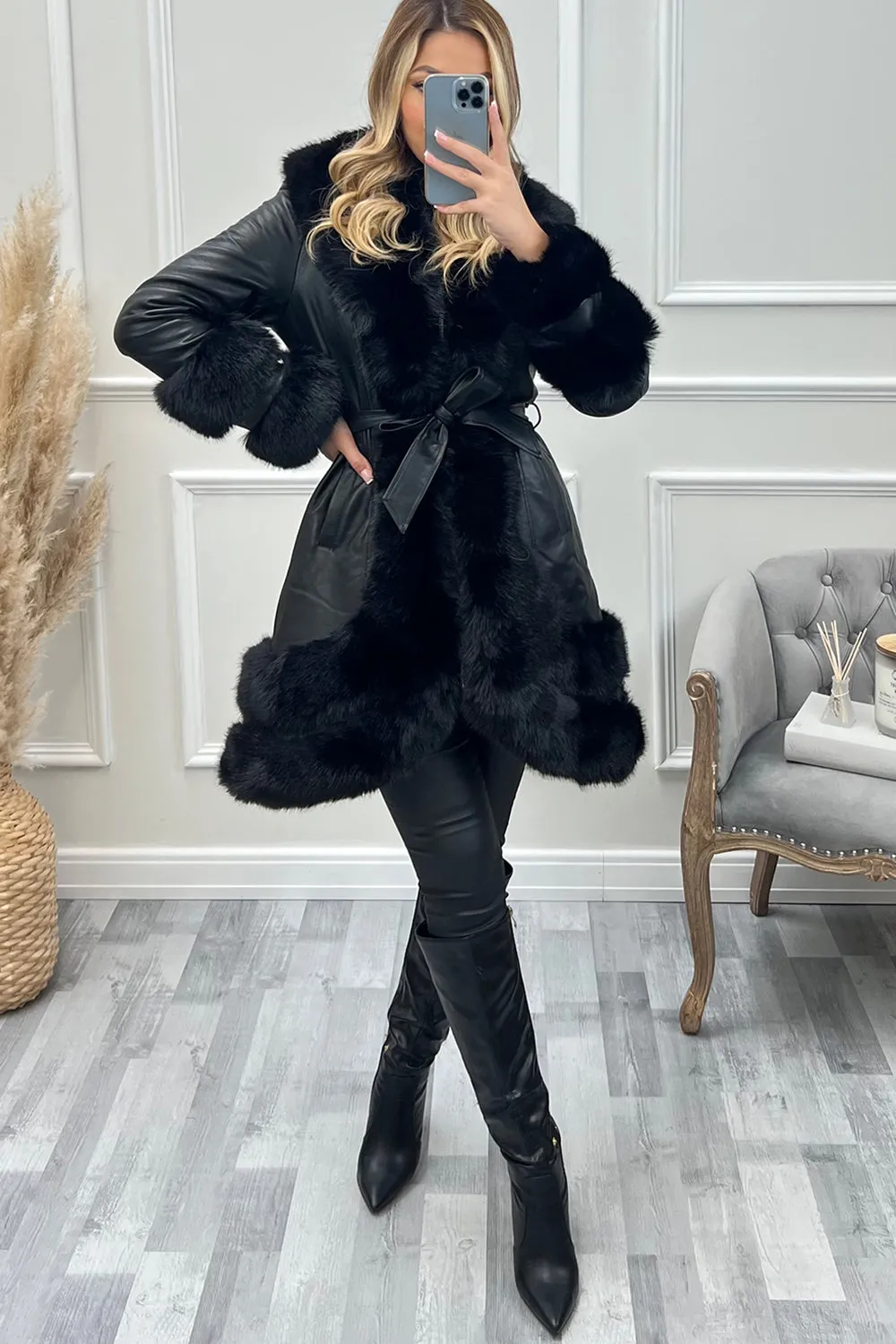 Blake Black PU Faux Leather Faux Fur Tiered Zip Belted Longline Coat